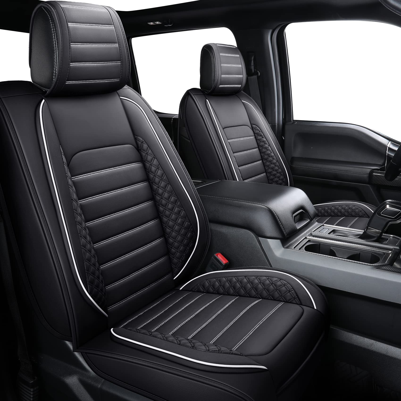 YIERTAI Waterproof Leather Seat Covers for 2009-2025 Ford F150 & 2017-2025 F250 F350 F450 SuperCrew - 2-Piece Front Set (Black-White) - Durable Cushion Protectors for Trucks & Off-Road Adventures