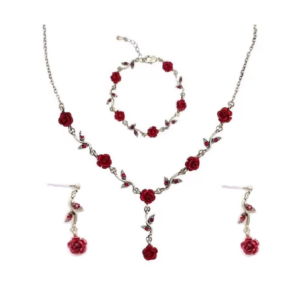 3Pcs Rose Gold Jewelry Set for Women - Red Rose Flower Necklace, Dangle Earrings & Bracelet | Elegant Prom, Wedding & Bridal Jewelry | Perfect for Parties, Date Nights & Special Occasions