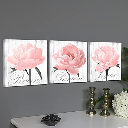 Framed Peony Wall Art - Pink Grey Flower Canvas Prints for Bedroom & Living Room Decor (16x16in x3) - Farmhouse Style Home Decoration