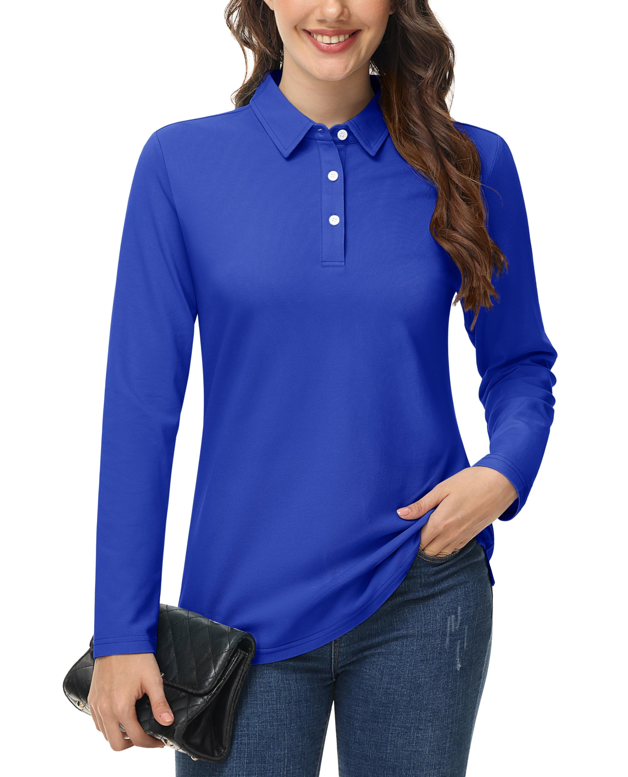 **MAGCOMSEN Women's Long Sleeve Polo Shirts - 3-Button Cotton Business Casual Top with Moisture-Wicking & Breathable Fabric for Work, Office & Everyday Wear**    (场景补充: Perfect for business casual, office wear, outdoor activities, and daily comfort.)