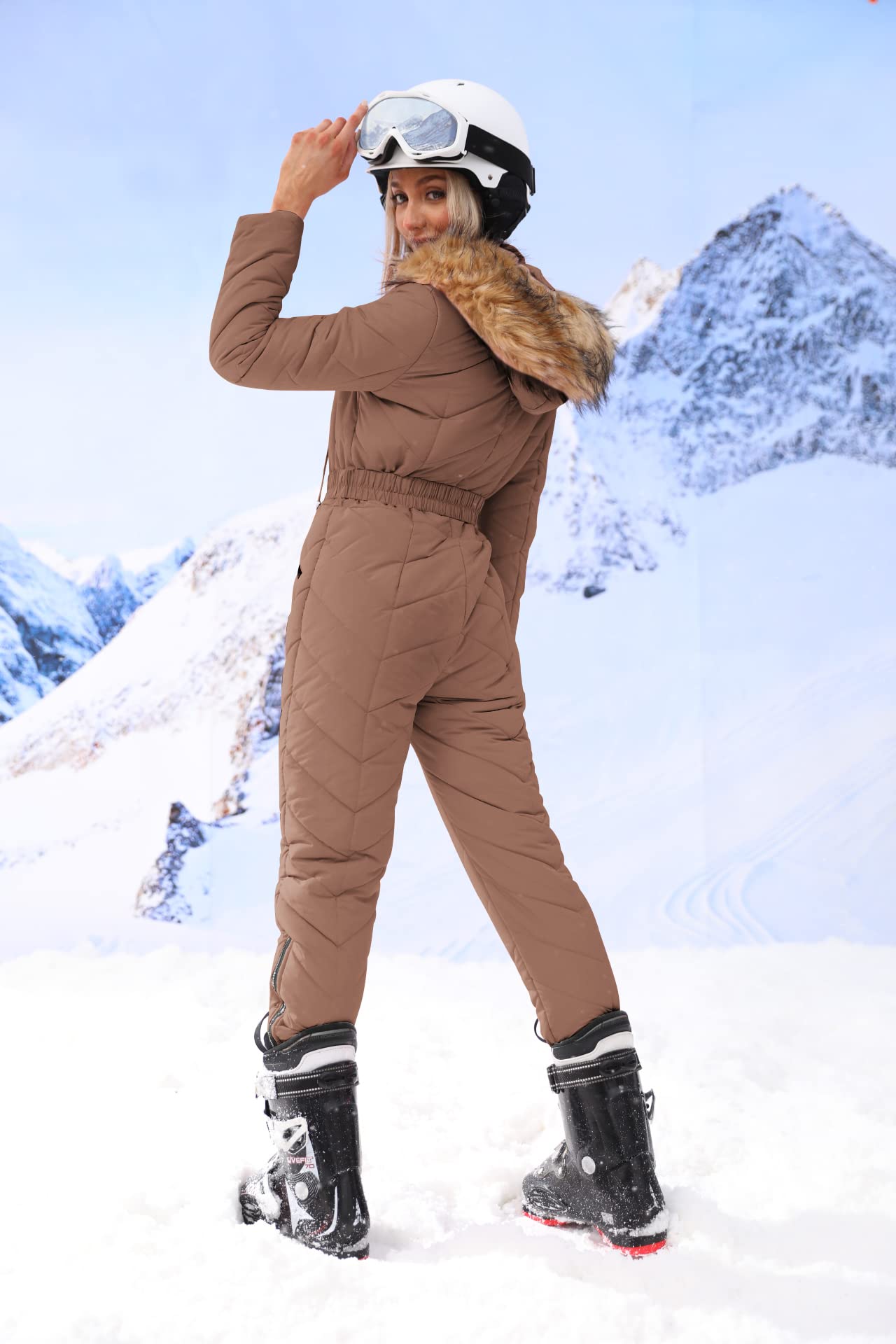 Yousify Women's Winter Ski Suit - One Piece Hooded Snowsuit with Fur Collar for Skiing, Snowboarding & Outdoor Winter Sports - Warm Waterproof Snow Jacket for Cold Weather Adventures
