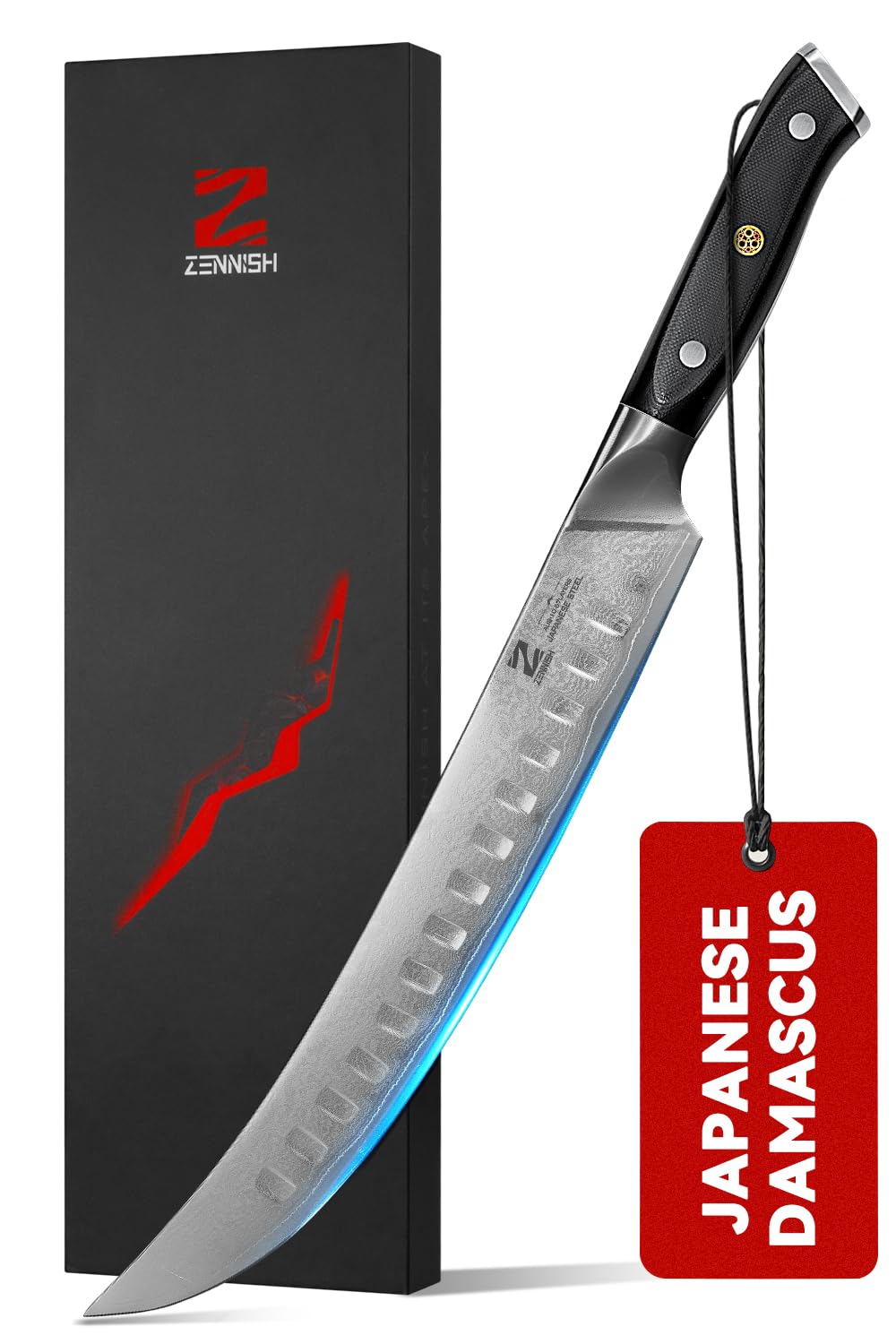 10 Inch Japanese Damascus Butcher Knife - Professional Meat Cutting & Slicing Knife with Full Tang G10 Handle, Perfect for Chefs & BBQ Enthusiasts - Ideal for Home Kitchens, Restaurants & Outdoor Cooking (Quartz Series, Gift Box Included)