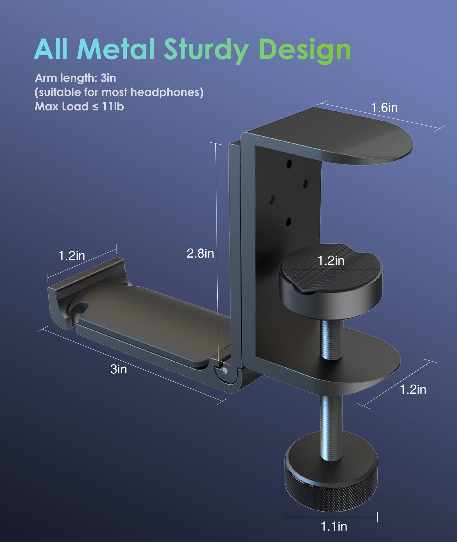 Foldable Under Desk Headphone Holder Hook & Hanger Stand - Metal Space-Saving Headset Mount with Cable Organizer for Gaming PC Headsets, Office & Home Use - Perfect for Desk, Wall, or Clamp Installation