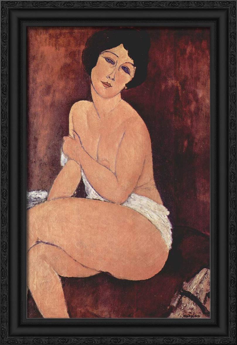Seated Girl Nude by Amedeo Modigliani - 17x24 Inch Black Ornate Framed Canvas Art Print - Perfect for Living Room, Bedroom & Office Wall Decor