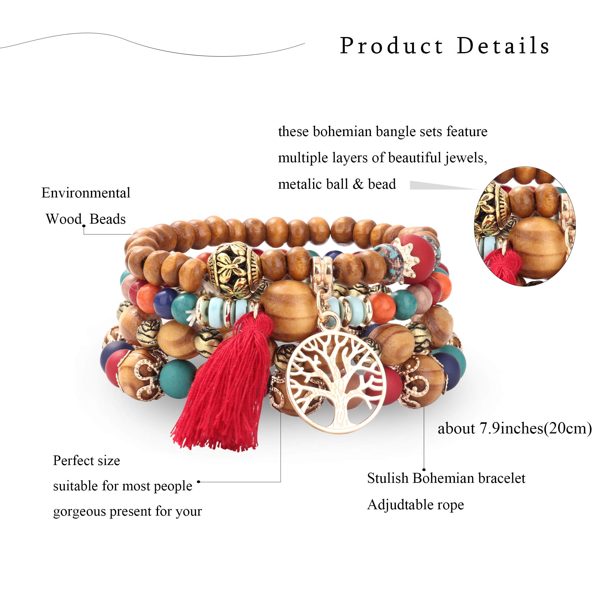 LOYALLOOK 8 Sets Bohemian Stackable Bead Bracelets for Women - Stretch Multilayered Boho Bracelet Set with Colorful Beads, Tassels & Charms | Handmade Jewelry for Festival, Beach, Party & Everyday Wear