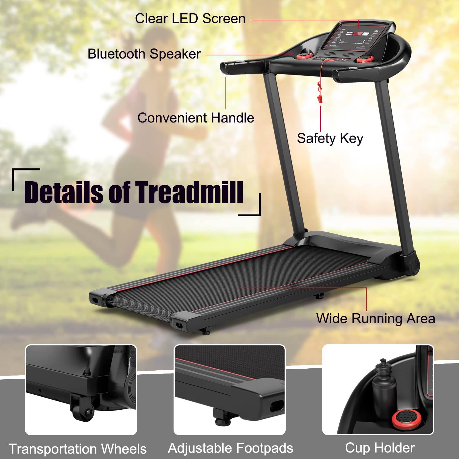 GYMAX Foldable Treadmill 2.25HP - Compact Folding Treadmill with LED Display, 12 Workout Programs, Bluetooth Speaker, Heart Rate Monitor & App Control - Portable Home Gym Equipment for Small Spaces, Apartments & Cardio Training