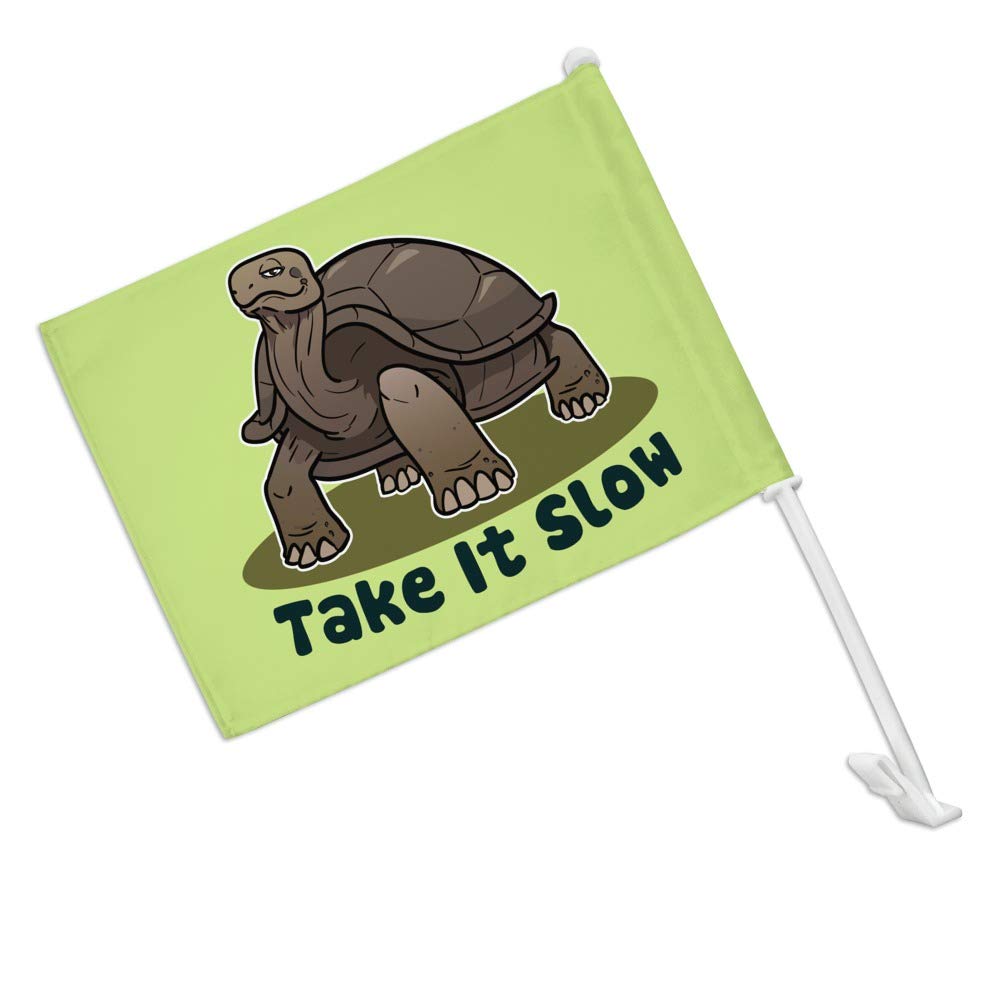 Slow Down Tortoise Turtle Car Truck Flag with Window Clip & Pole Holder - Fun Novelty Decoration for Vehicles, Parties, and Outdoor Events