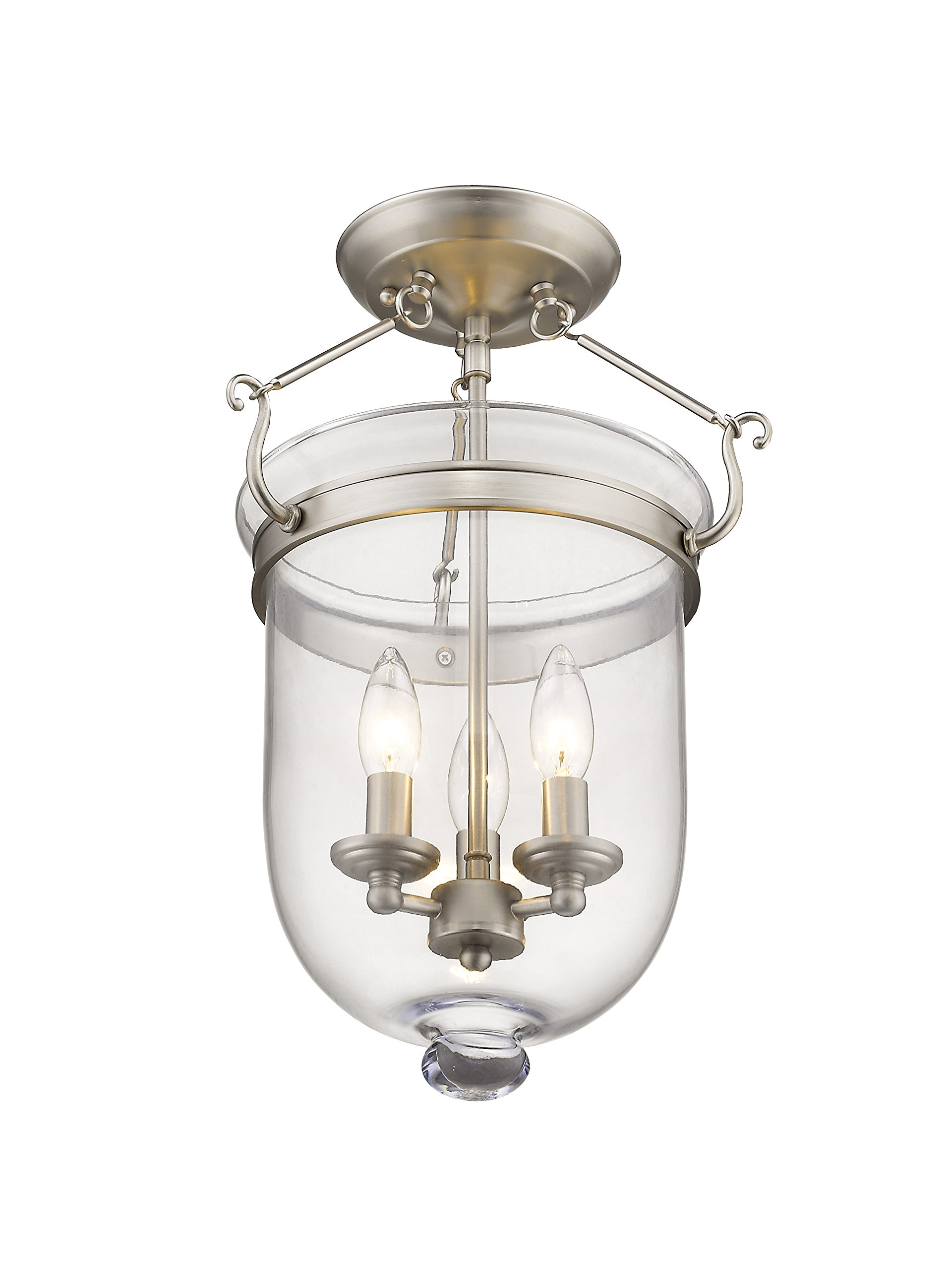 Livex Lighting Jefferson 3-Light Brushed Nickel Semi-Flush Mount Bell Jar Ceiling Fixture with Clear Glass Shades - Perfect for Dining Room, Bedroom, or Entryway Lighting