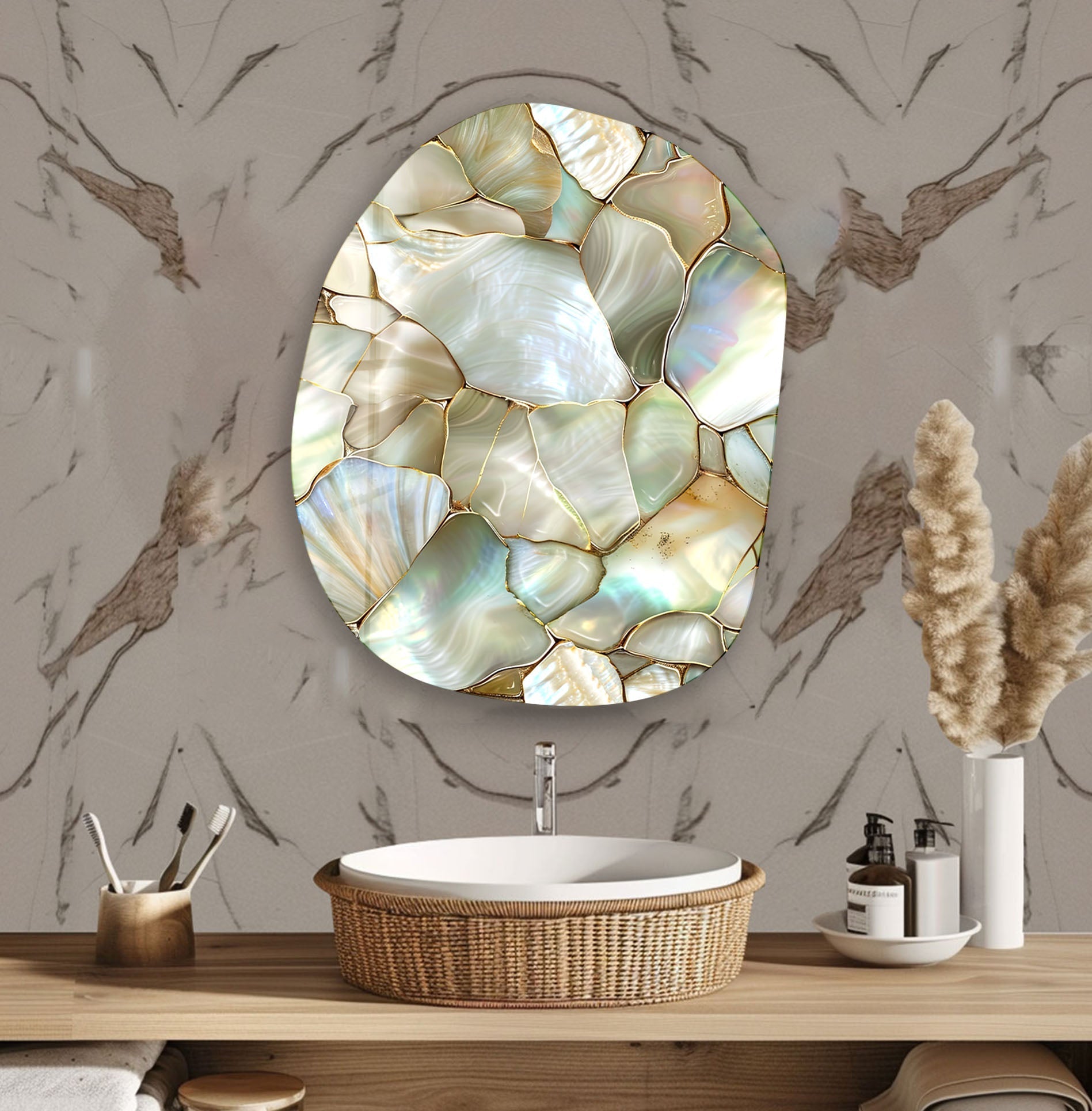 Abstract Pearlescent Decorative Glass Wall Art - Modern Iridescent Home Decor for Living Room, Bedroom & Office - Elegant Handmade Wall Sculpture for Contemporary Interior Design