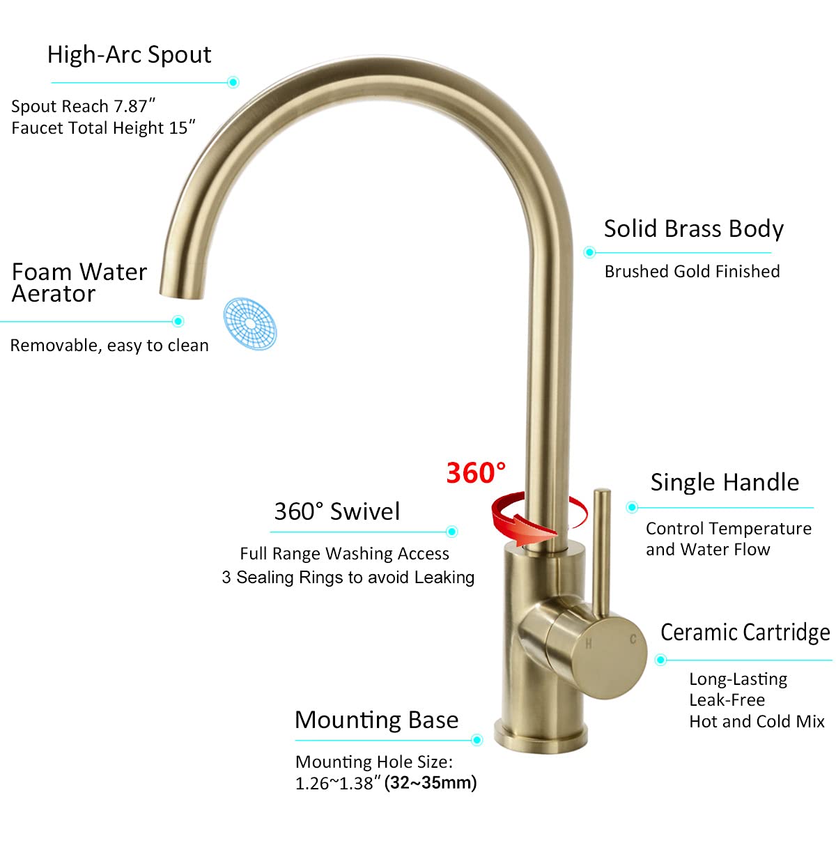TRUSTMI Solid Brass Kitchen Faucet - Single Handle 1 Hole 360° Swivel Gooseneck Bar Sink Mixer Tap in Brushed Gold | Perfect for Modern Kitchens, Bars & Restaurant Prep Areas
