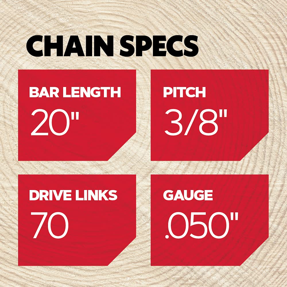 Oregon D70 AdvanceCut Chainsaw Chain - 20-Inch Bar Replacement Low-Kickback Chain for Poulan Pro & Echo Chainsaws - 70 Drive Links, .050 Gauge, 3/8 Pitch - Perfect for Tree Trimming, Firewood Cutting & Landscaping