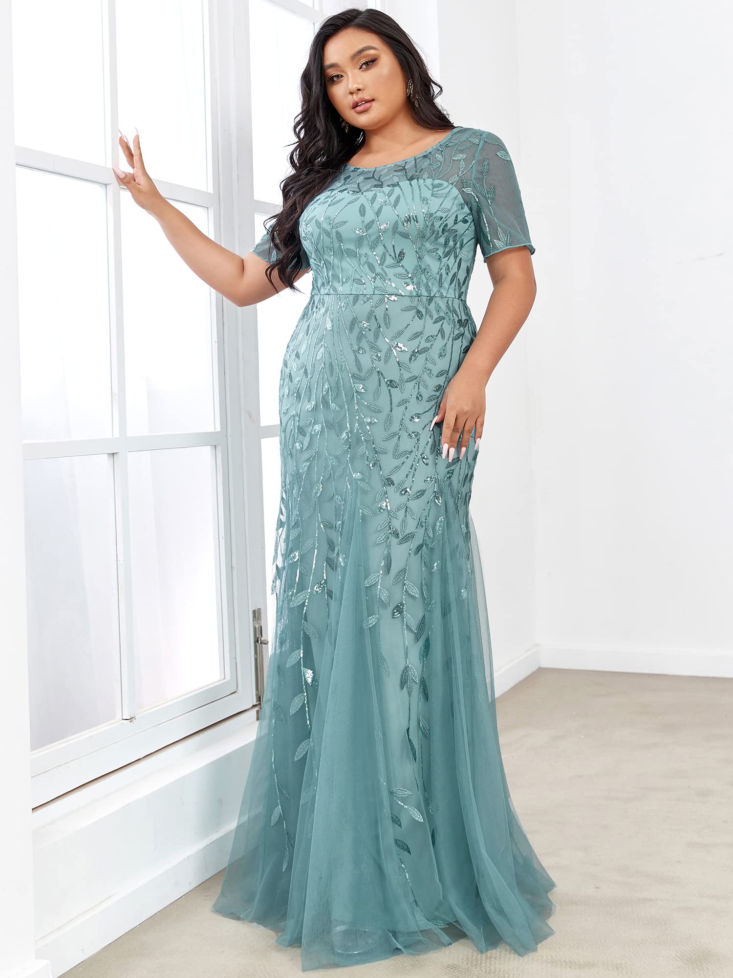 Ever-Pretty Women's Plus Size Embroidery Sequin Short Sleeve Bodycon Maxi Formal Dress 07707-PZUSA - Perfect for Evening Parties, Prom, Wedding Guest & Special Occasions
