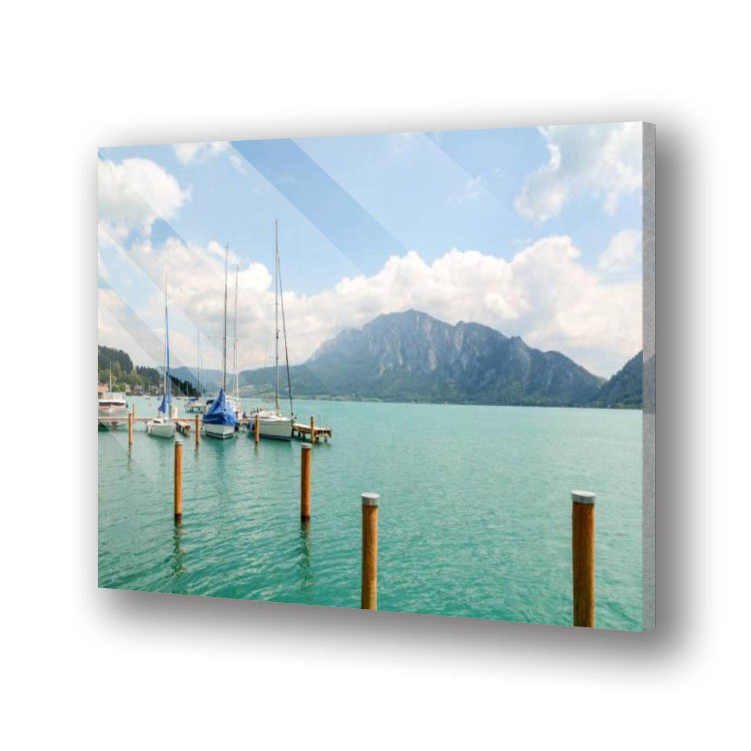 Modern Acrylic Glass Wall Art - Jetty at Lake Attersee in Austrian Alps Near Salzburg - Floating Picture Print for Living Room, Bedroom & Office Decor - Perfect for Coastal, Mountain or Minimalist Home Interiors