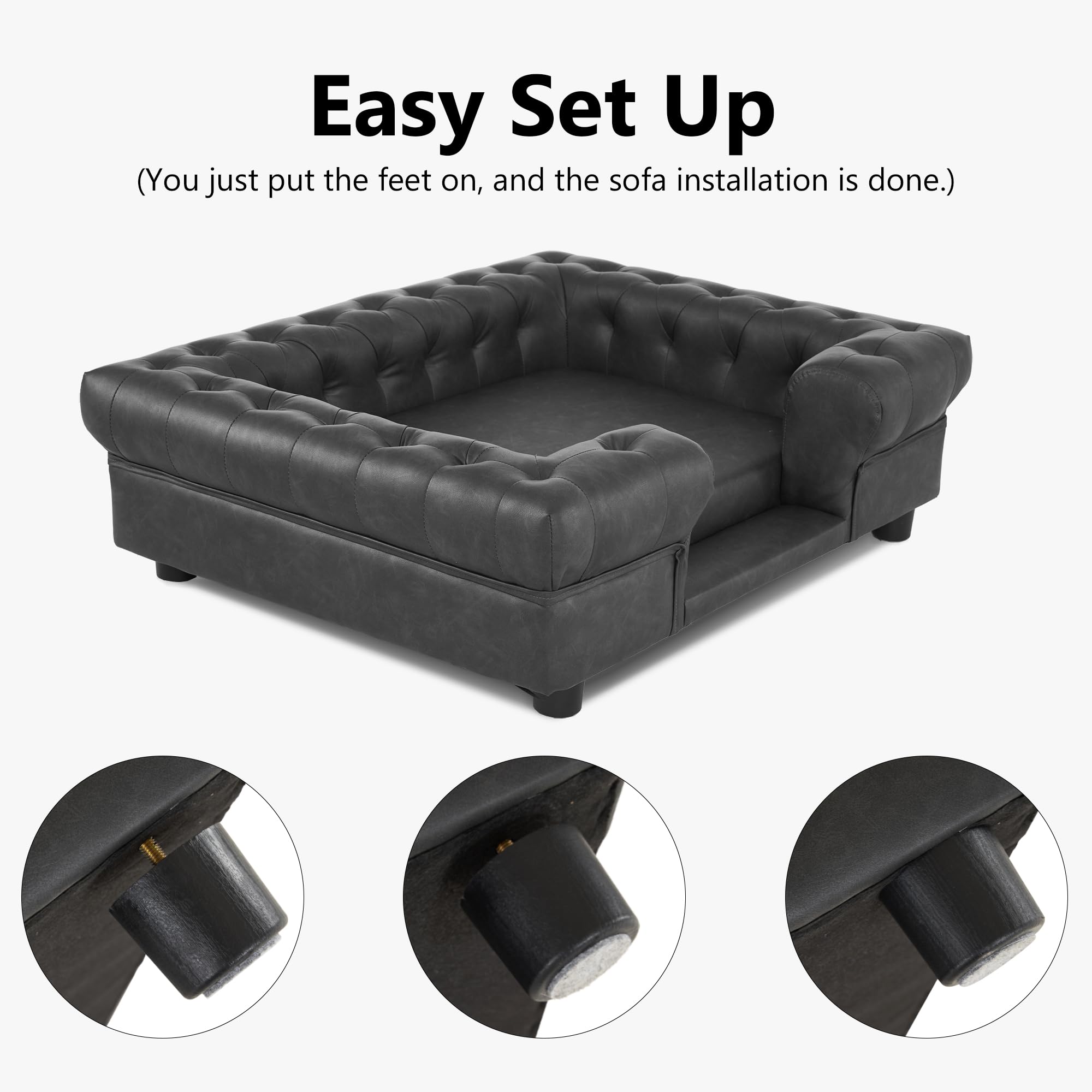 Premium Faux Leather Dog Couch with Stairs - Orthopedic Pet Bed for Medium Dogs, Washable & Durable Pet Sofa - Perfect for Living Room, Bedroom & Home Decor (Dark Grey)