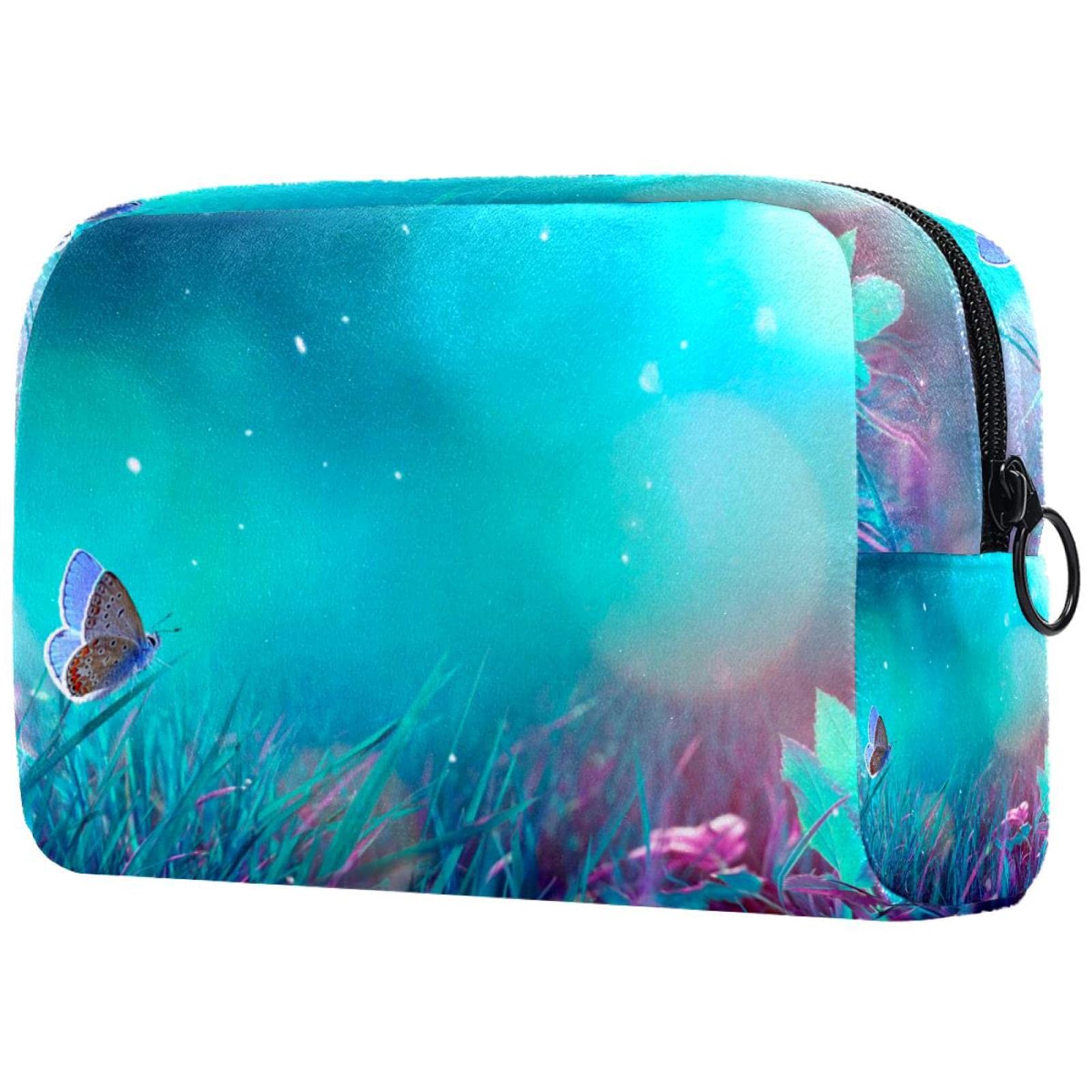 Elegant Cyan Grass Butterfly Makeup Bag - Large Capacity Travel Toiletry Organizer Case for Women | Perfect for Travel, Gym, and Daily Cosmetics Storage
