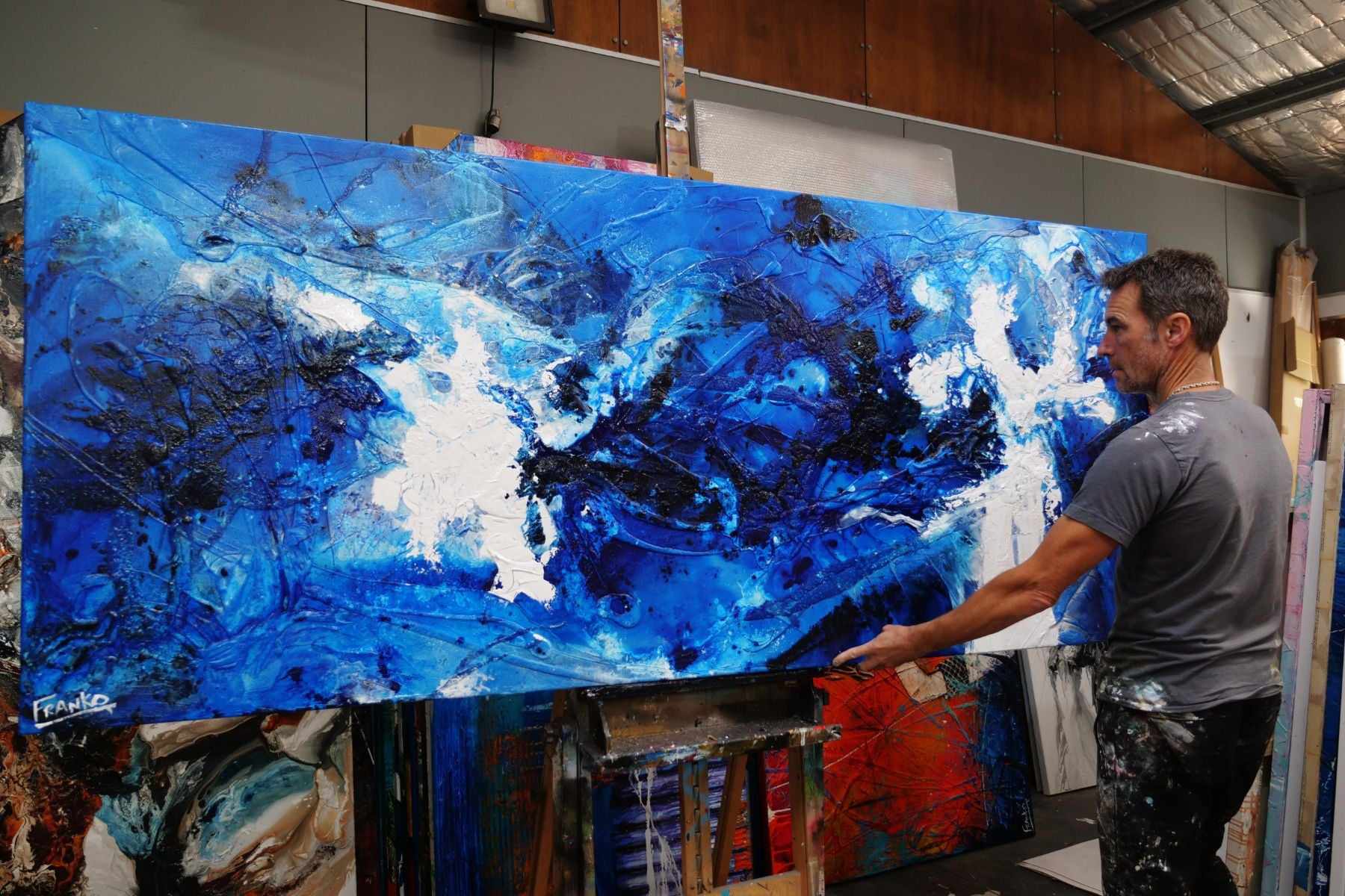 Blue and White Textured Abstract Wall Art Painting - 240cm x 100cm Modern Canvas for Living Room, Bedroom & Office Decor | Cracker Jack Style