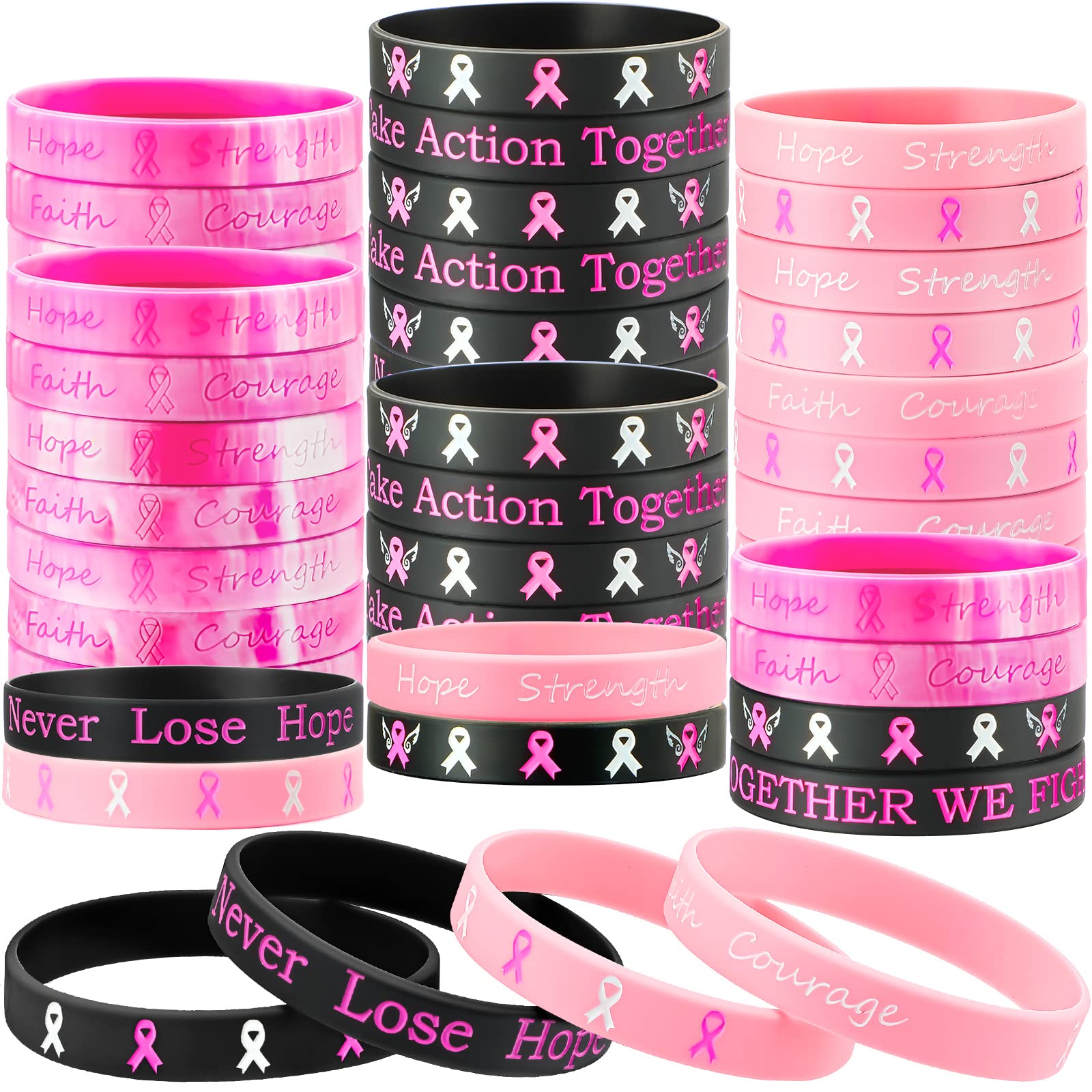 Pink Ribbon Silicone Bracelet for Breast Cancer Awareness - Hope Faith Strength Courage Support Wristband for Women, Survivors & Supporters - Perfect for Fundraisers, Awareness Events & Daily Wear
