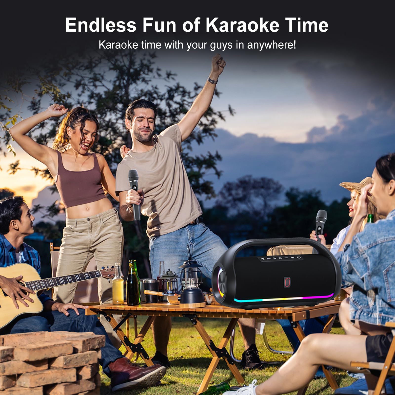 Portable Bluetooth Speaker with 2 Wireless Microphones - Karaoke Machine & PA System for Home Parties, Outdoor Gatherings - Built-in Disco Lights, USB/AUX/TWS Connectivity - Perfect for Family Singing, Birthday Celebrations and Camping Entertainment