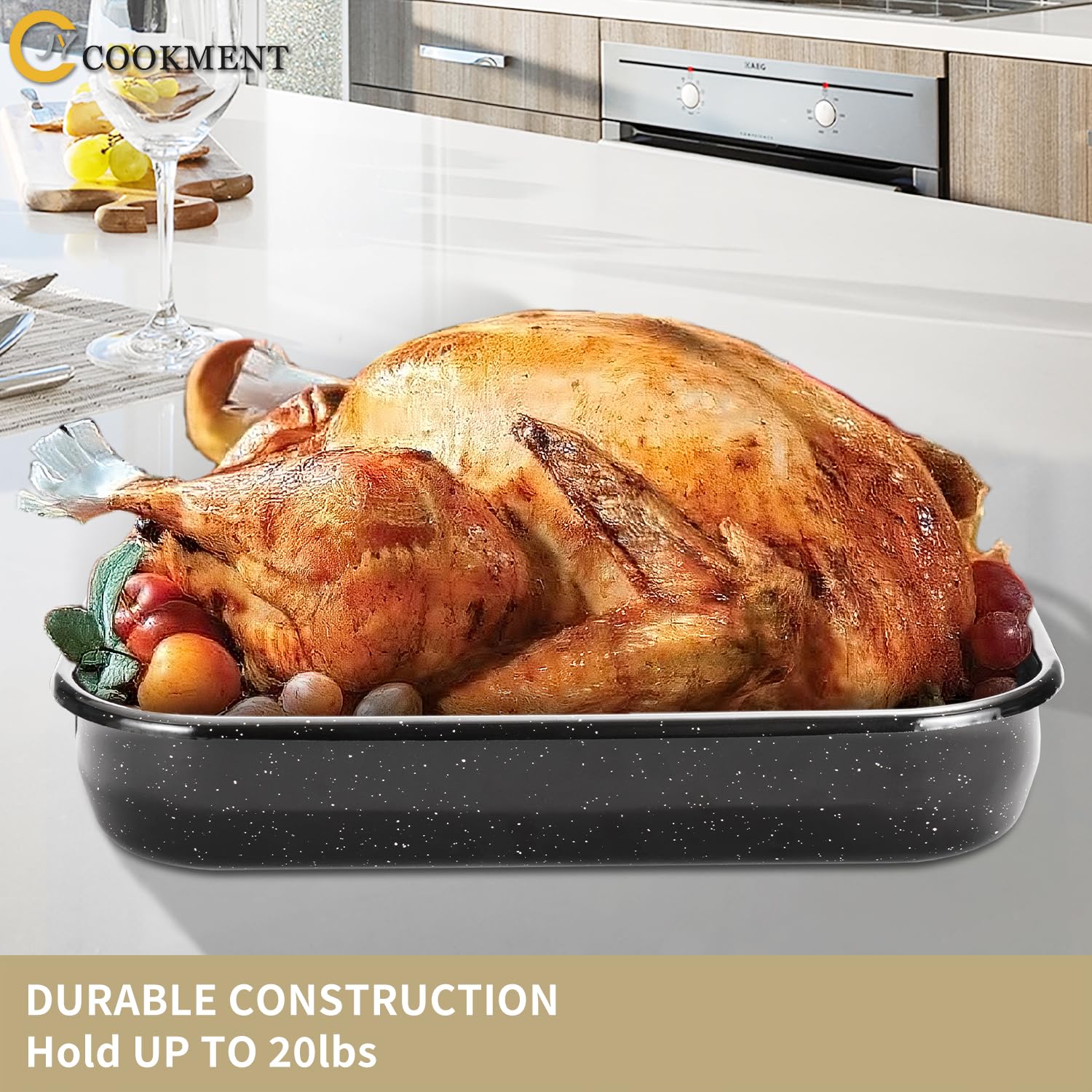 JY COOKMENT 16 x 11 Inch Large Roasting Pan with Rack - Heavy Duty Turkey Roaster Pot for Oven Baking (Up to 20lbs) - Perfect for Thanksgiving, Christmas, and Holiday Family Dinners