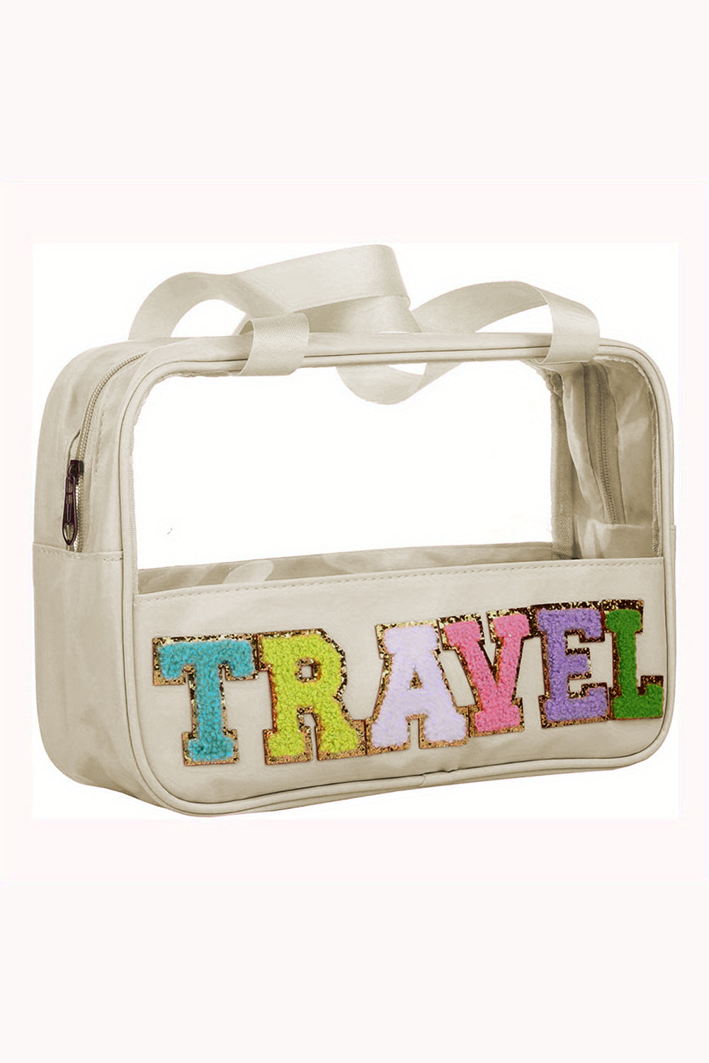 Stylish Chenille Letter Clear PVC Makeup Bag for Travel - Perfect Cosmetic Organizer for Vacation, Gym & Daily Essentials