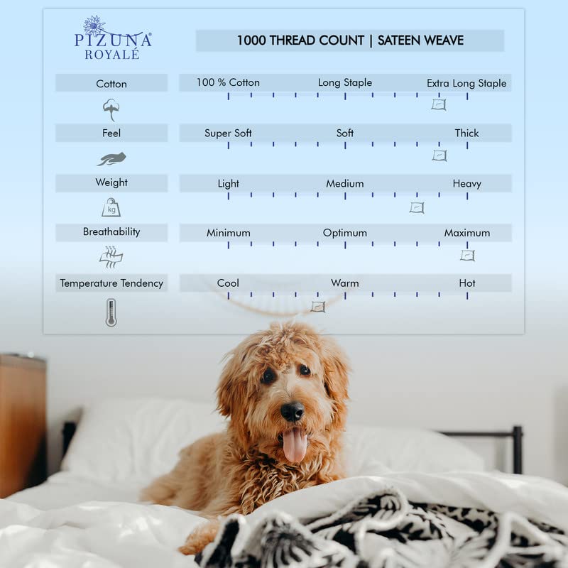 Pizuna 100% Cotton Full Size Bed Sheets Set - 1000 Thread Count Long Staple Luxury Sateen Bedding with Pillowcases, Cooling Breathable Sheets for 15