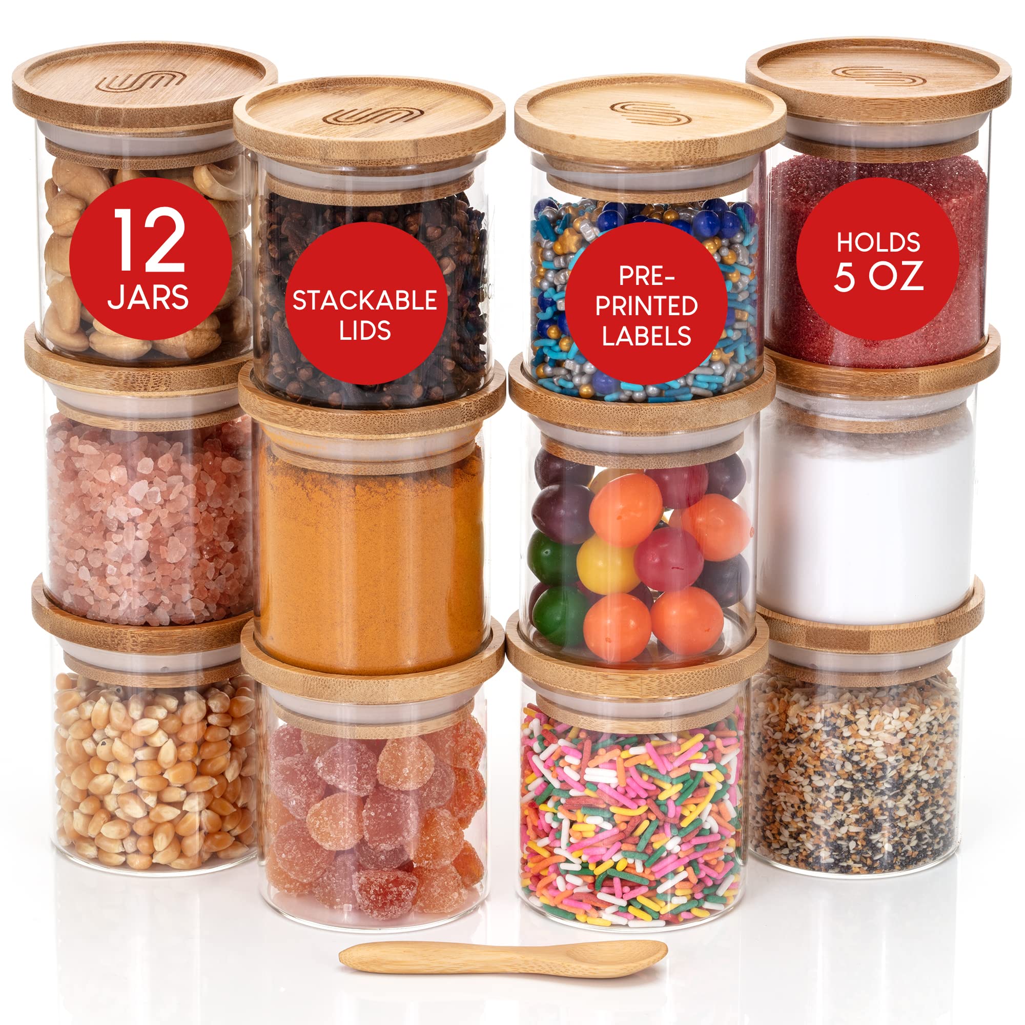 12-Piece Glass Spice Jars with Bamboo Lids - 5 oz Airtight Storage Containers for Kitchen Pantry Organization | Stackable Shatterproof Canisters for Herbs, Spices, Candy & Dry Food | Perfect for Home Cooking, Baking & Meal Prep