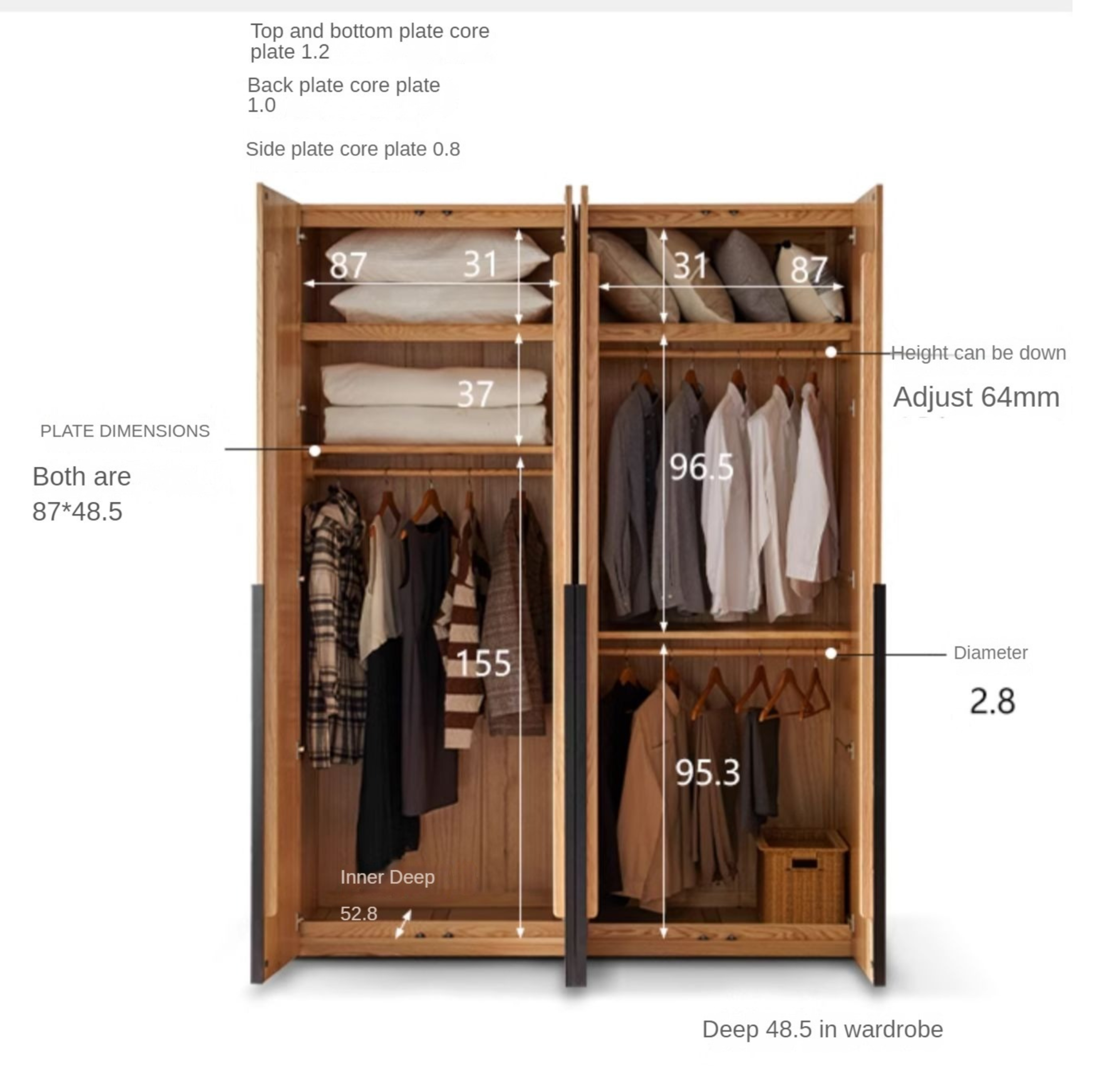 Solid Oak Wood Wardrobe - Modern High Closet for Bedroom & Living Room Storage | Durable & Stylish Furniture for Home Organization