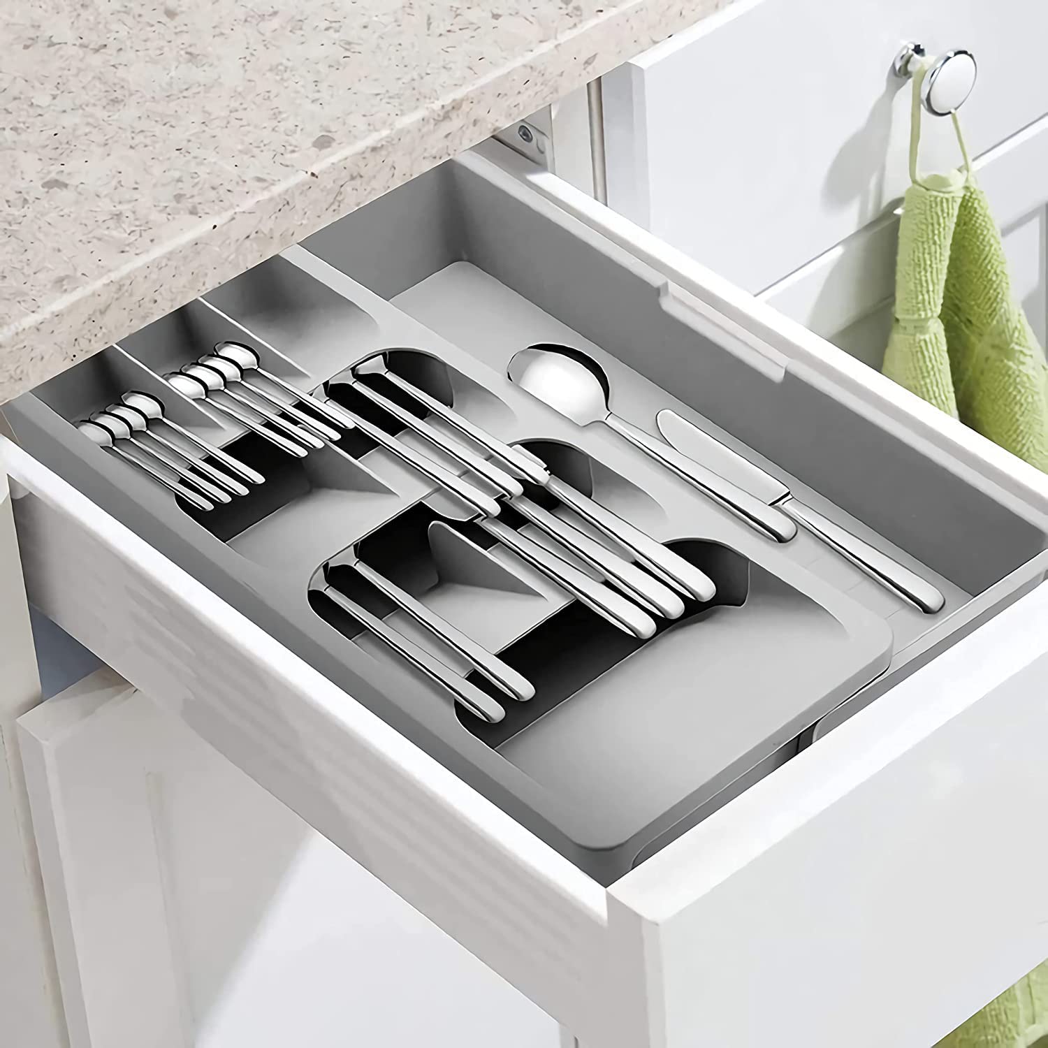 Expandable Kitchen Drawer Organizer Tray - Silverware Storage Organizer for Spoons, Forks & Flatware | Space-Saving Cutlery Drawer Insert | Perfect for Kitchen Organization & Utensil Storage (Grey) | Ideal for Home, Restaurant & Office Use