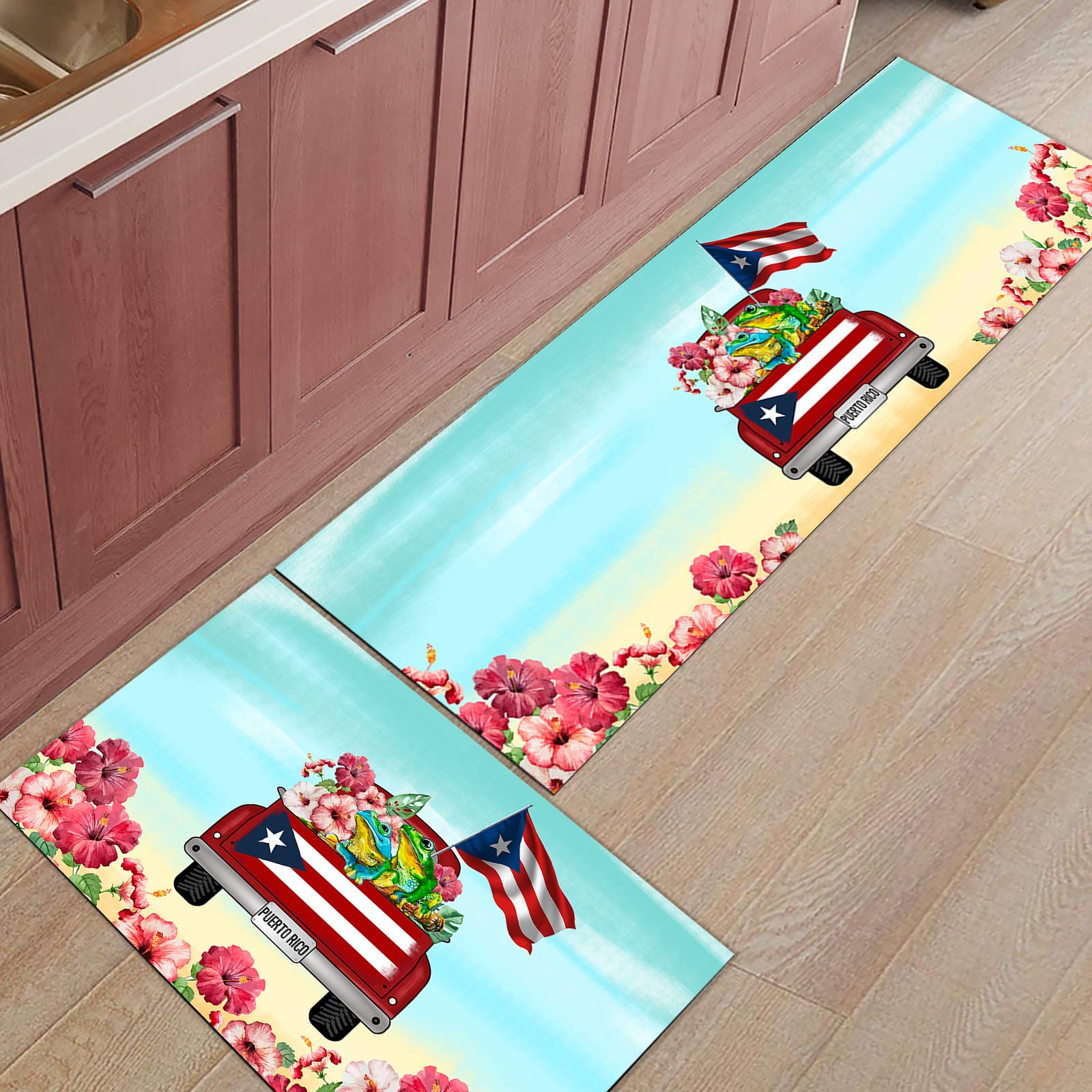 2-Piece Puerto Rico Flag Kitchen Rug Set - Non-Slip Farmhouse Style Floor Mats with Hibiscus & Frog Design - Perfect for Indoor Entrance, Truck Area Runner, and Comfortable Doormat for Home Decor
