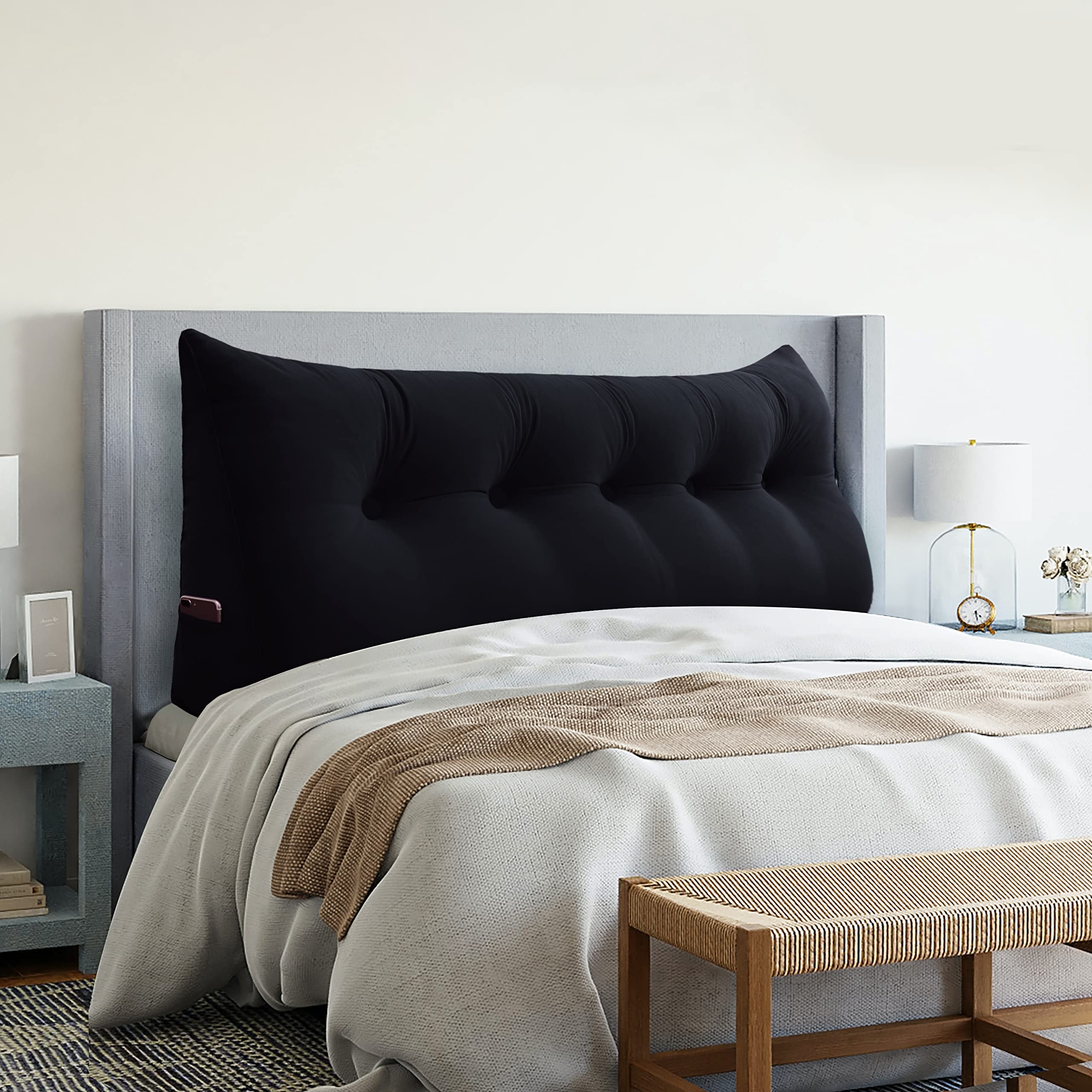 VERCART 59-Inch Large Headboard Pillow Wedge - Velvet Black Bed Rest & Reading Pillow for Daybeds, Triangular Back Support Cushion, Gap Filler Bolster | Perfect for Reading in Bed, Watching TV, or Lounging on Daybeds