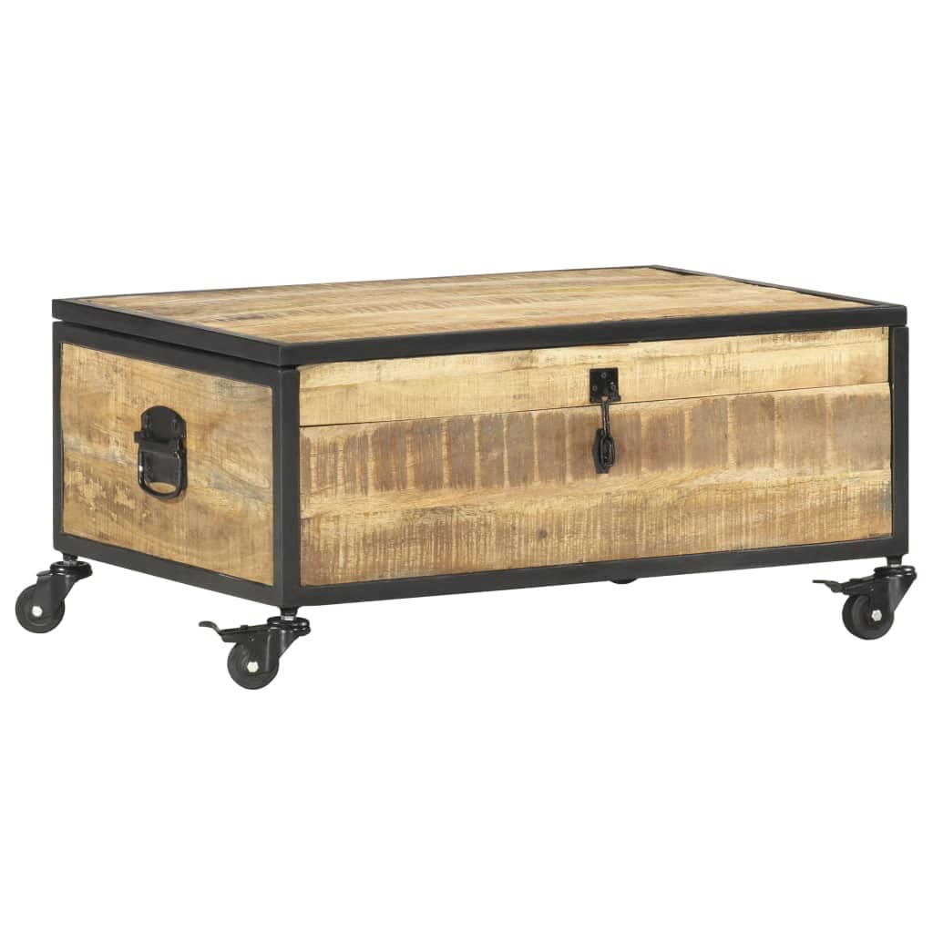 Solid Mango Wood Coffee Table with Wheels - Rectangular Brown Rustic Living Room Furniture - Large Storage Space, Easy Assembly & Durable Design for Home, Office or Outdoor Use
