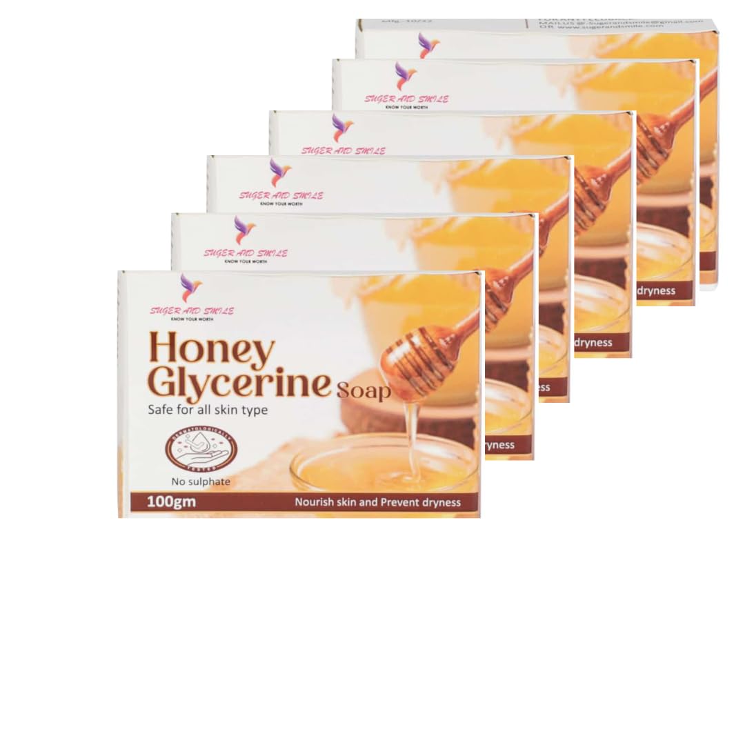 Sugar & Smile Honey Glycerin Soap - Sulfate Free, Hypoallergenic for All Skin Types (100g, Pack of 6) | Gentle Cleansing for Face & Body, Perfect for Sensitive & Dry Skin Care Routine