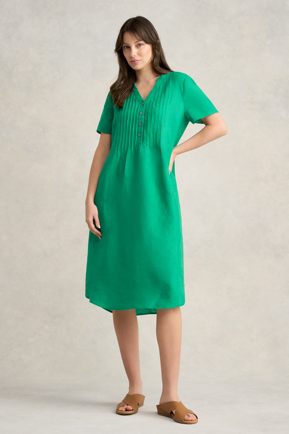 Stylish Pleated Front French Linen Dress in Vibrant Green - Perfect for Summer Outings, Beach Vacations & Casual Elegance
