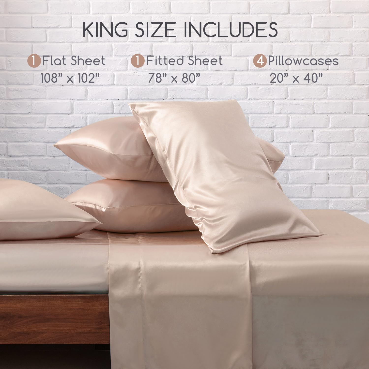 Luxury Satin Bed Sheets Set - King Size 6 Piece Silky Soft Bedding with 15
