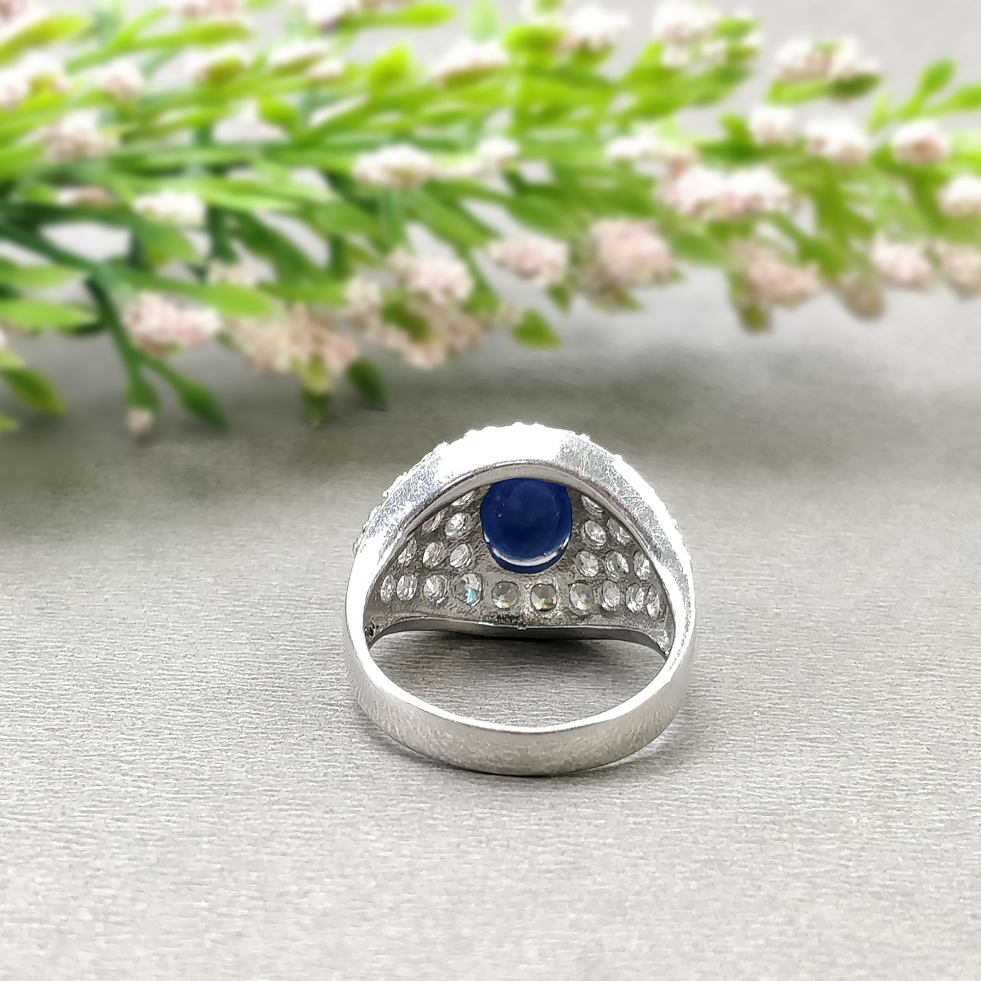 925 Sterling Silver Ring with Natural Blue Sapphire & CZ Stones - Round Brilliant Cut Prong Setting - Unisex Statement Jewelry - Size 6.75 US - Perfect for Engagement, Wedding & Everyday Elegance
