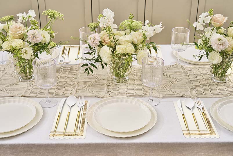 Eco-Friendly White and Gold Table Setting for Weddings, Parties & Formal Dining - Sustainable Dinnerware Set