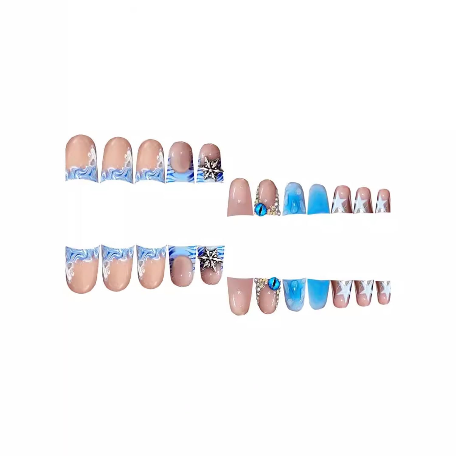 Blue Ocean Theme Duck Nail Tips - 24 Pcs Short French Tip Press on Fake Nails with 3D Devil Eyes & Rhinestone Charms | Full Cover Acrylic Nails for Women | Perfect for Parties, Weddings & Nail Art Decor