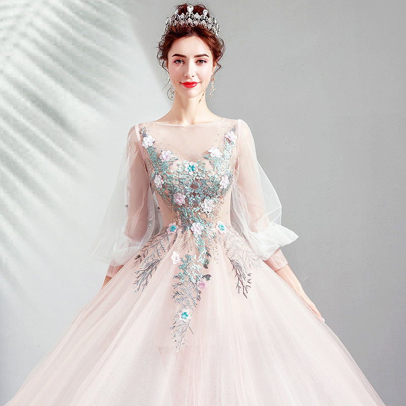 Elegant Long Sleeve Floral Pink Prom Dress with Tulle Skirt - Formal Evening Gown for Homecoming, Quinceañera & Special Occasions