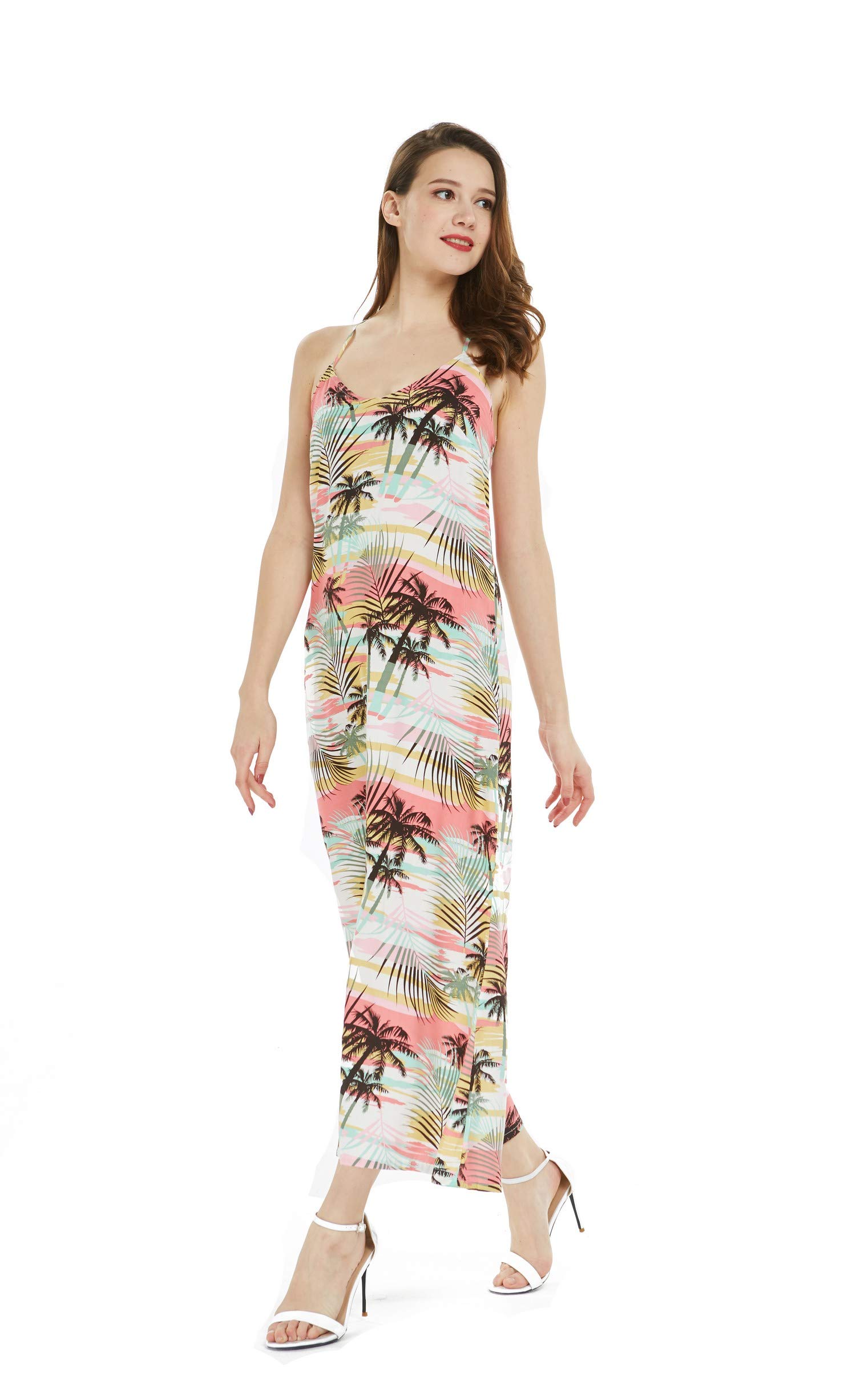 Hawaiian Luau Beach Sunset Print Maxi Dress for Women - Floral Sweetheart Neckline Long Dress for Summer Vacation, Beach Party, and Tropical Getaways