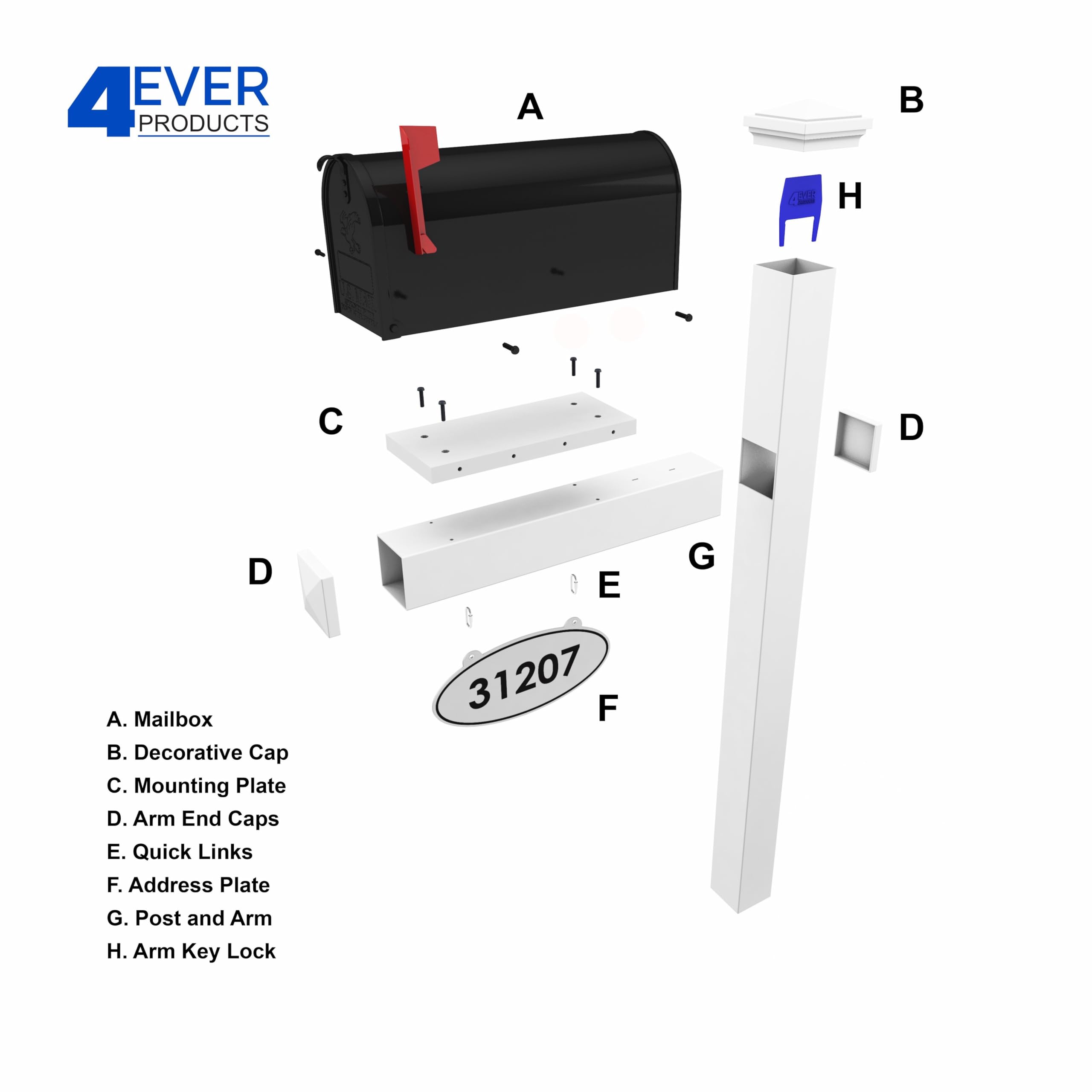 4Ever Products The Jackson Complete Mailbox System - Durable Vinyl/PVC Post with Classic White Mailbox | Traditional Decorative Curbside Postal Solution with Hanging Address Plate | Perfect for Home, Garden, and Neighborhood Curb Appeal
