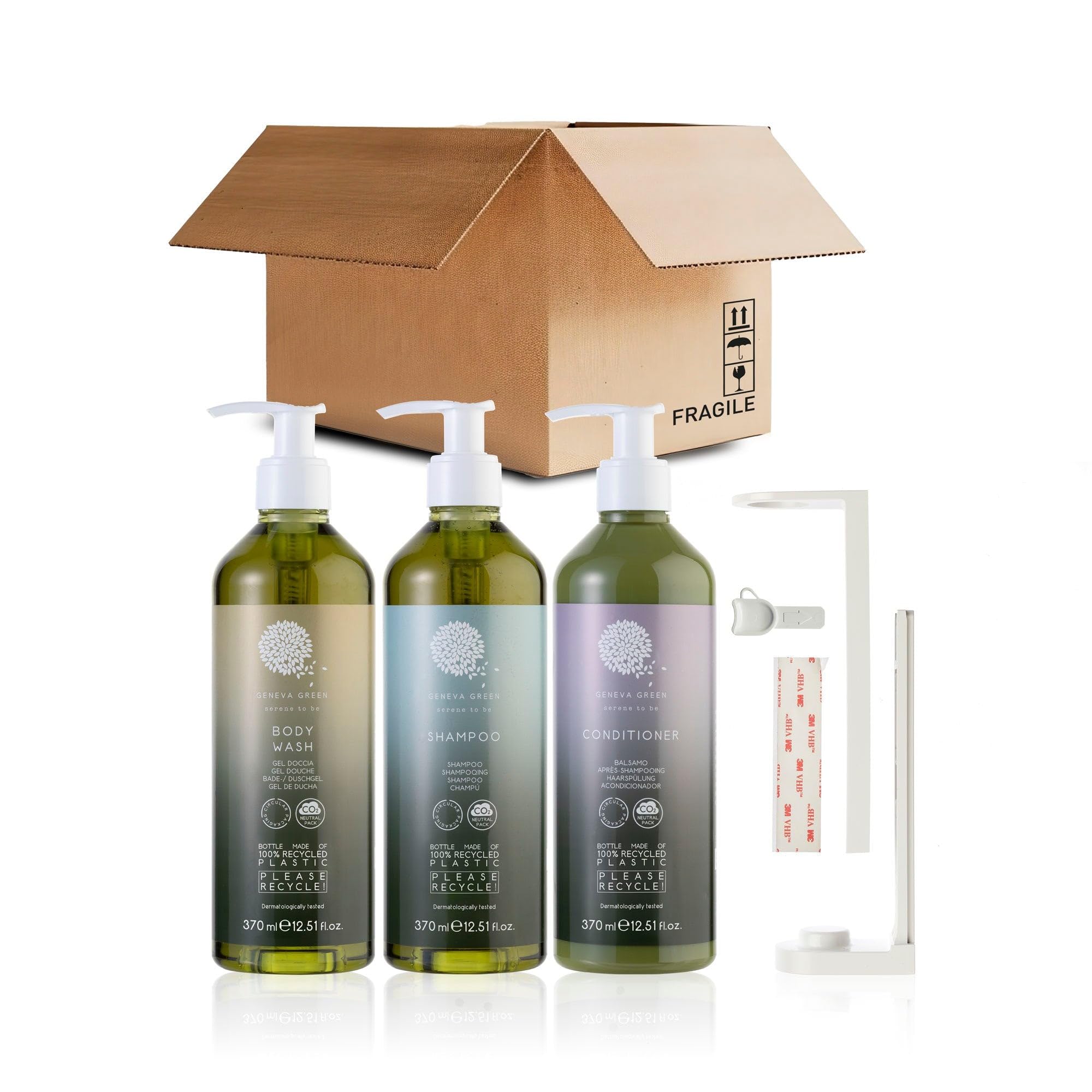 6-Pack Body & Hair Care Kit - Organic Body Wash, Moisturizing Shampoo & Conditioner (16.23 fl.oz Each) - Eco-Friendly Sustainable Packaging, Made in Italy - Includes 3 Free Wall Mount Brackets - Perfect for Home, Gym & Travel Use