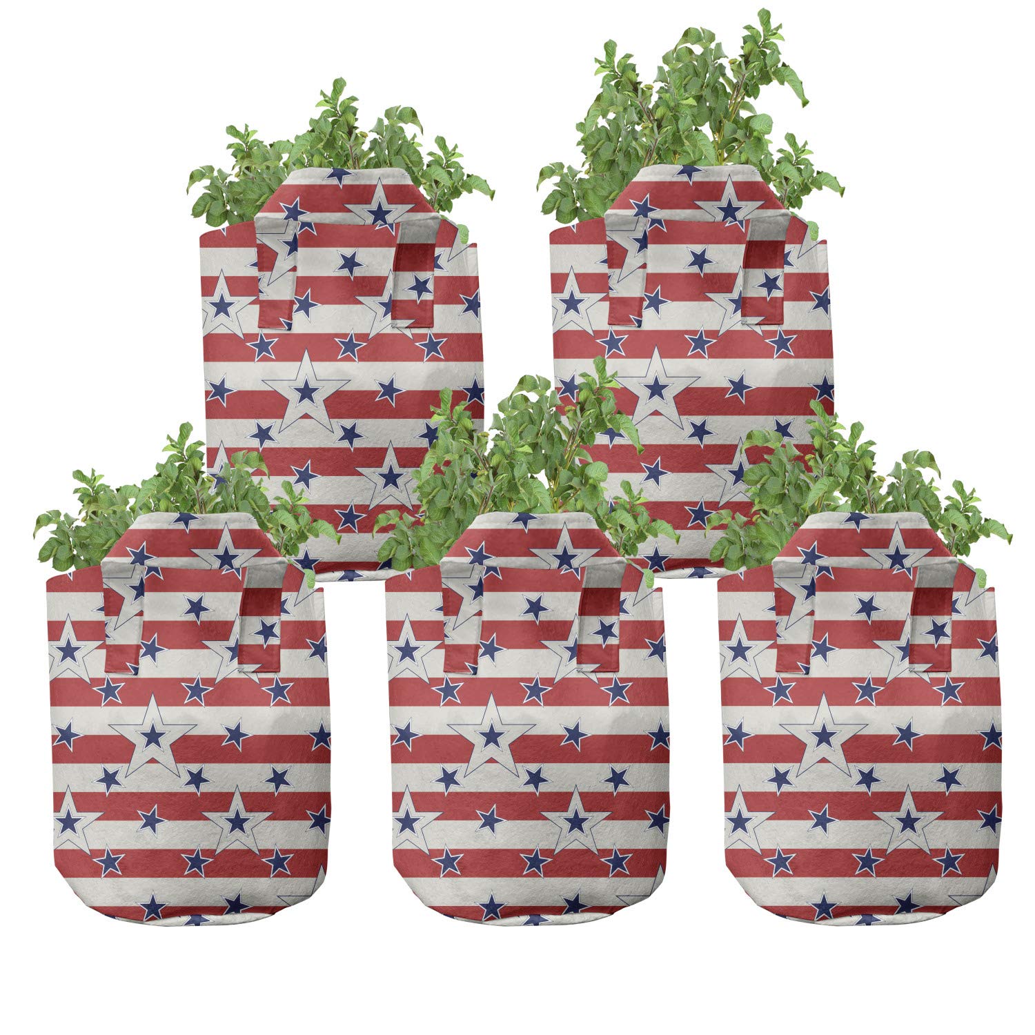 Ambesonne 5-Pack Heavy Duty Geometric Grow Bags with Handles - Stars & Stripes Pattern Fabric Plant Pots for Indoor/Outdoor Gardening (Navy Blue & Coconut Red) - Perfect for Balcony, Patio, and Home Decor