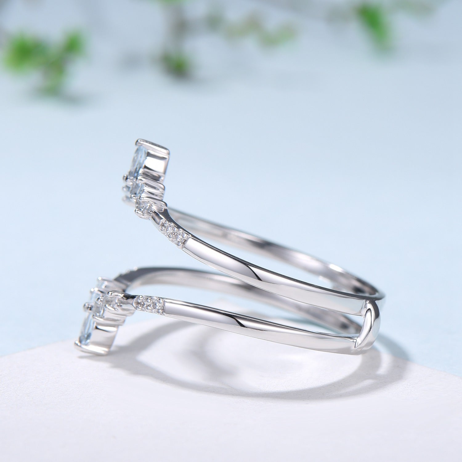 Double Curved Aquamarine Wedding Band - Sterling Silver & White Gold Stackable Ring Set - March Birthstone Anniversary Gift for Women - Perfect for Bridal Jewelry, Stacking Rings & Special Occasions