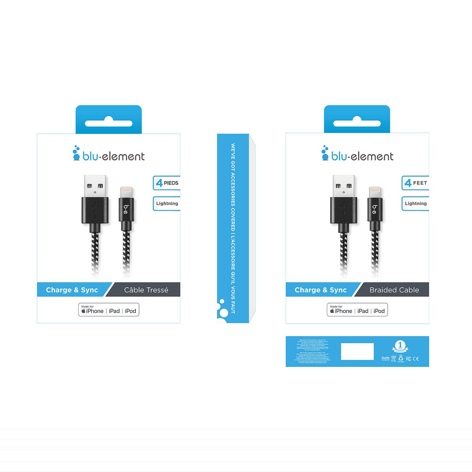 Blue Element Braided Lightning to USB-A Charging Cable 4ft - Fast Sync & Durable for iPhone, iPad - Perfect for Home, Office & Travel