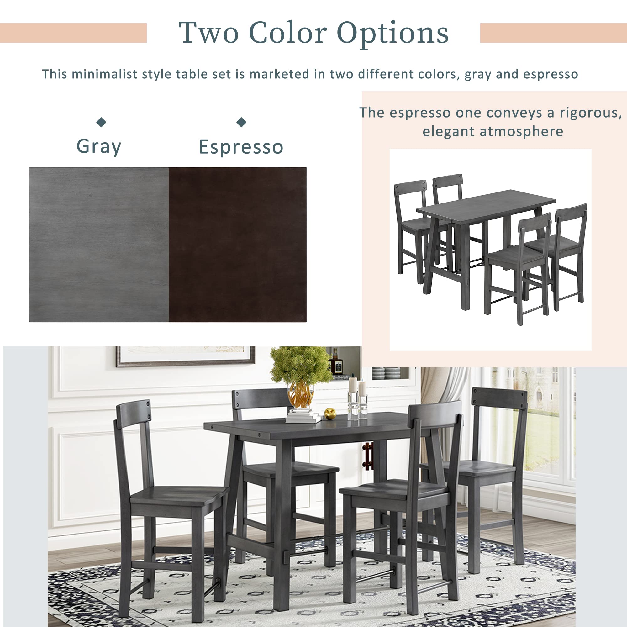 Farmhouse 5-Piece Counter Height Dining Table Set - Industrial Solid Wood & Metal Kitchen Dining Room Table with 4 High Back Chairs, Space-Saving Design (Grey) - Perfect for Small Apartments, Breakfast Nooks & Modern Farmhouse Kitchens