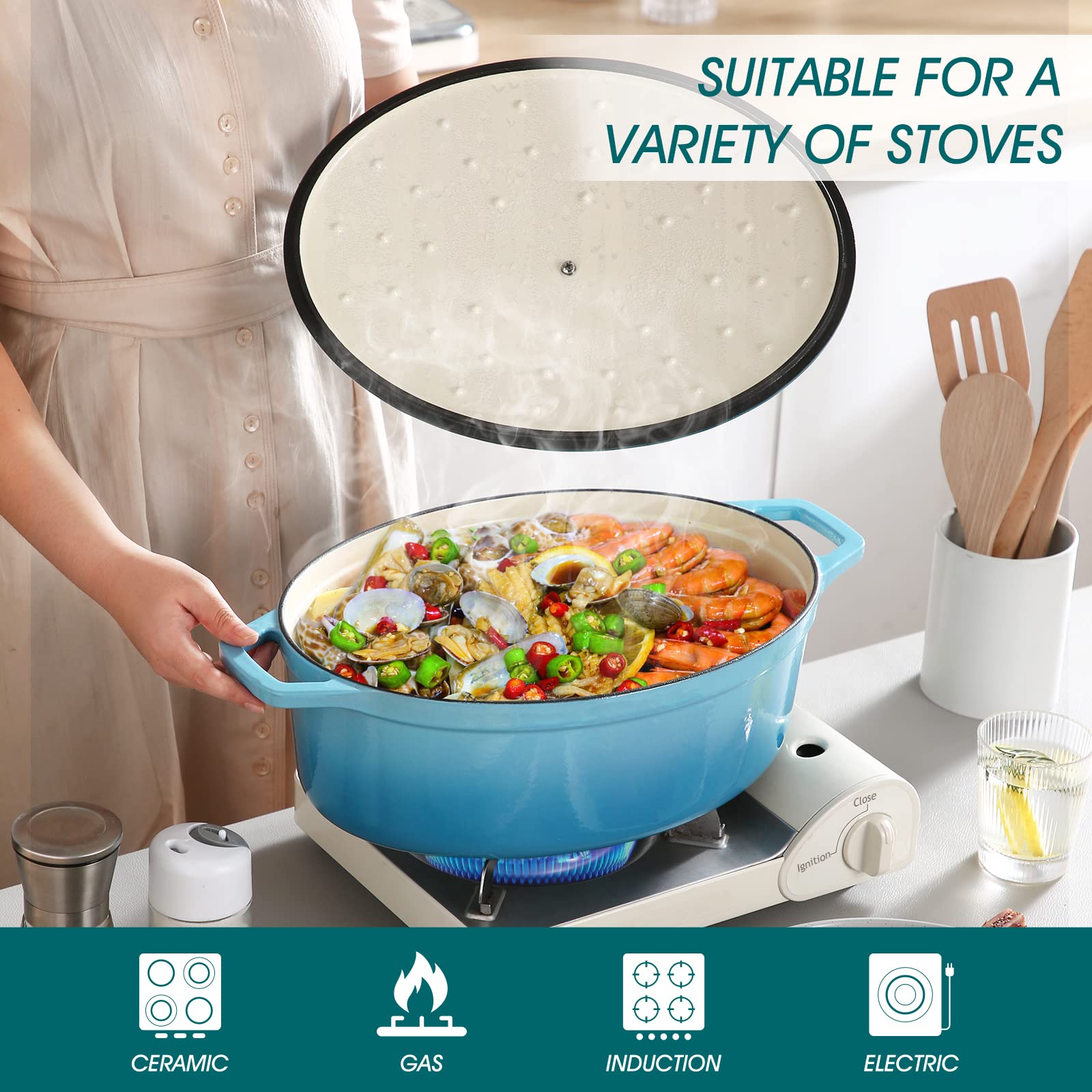 Vancasso 9.3 Quart Enameled Cast Iron Dutch Oven with Lid - Non-Stick Oval Pot for Bread Baking, Soups, Stews & Braising - Light Blue Kitchen Cookware for Home & Professional Chefs