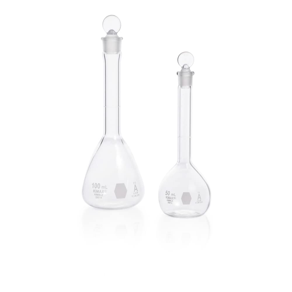 Kimble 28014-200 Borosilicate Glass 200mL Volumetric Flask, Class A, ±0.10mL Accuracy, Round Flat Bottom with Ground Glass Stopper (6-Pack) - Perfect for Chemistry Labs, Scientific Research & Precise Liquid Measurements