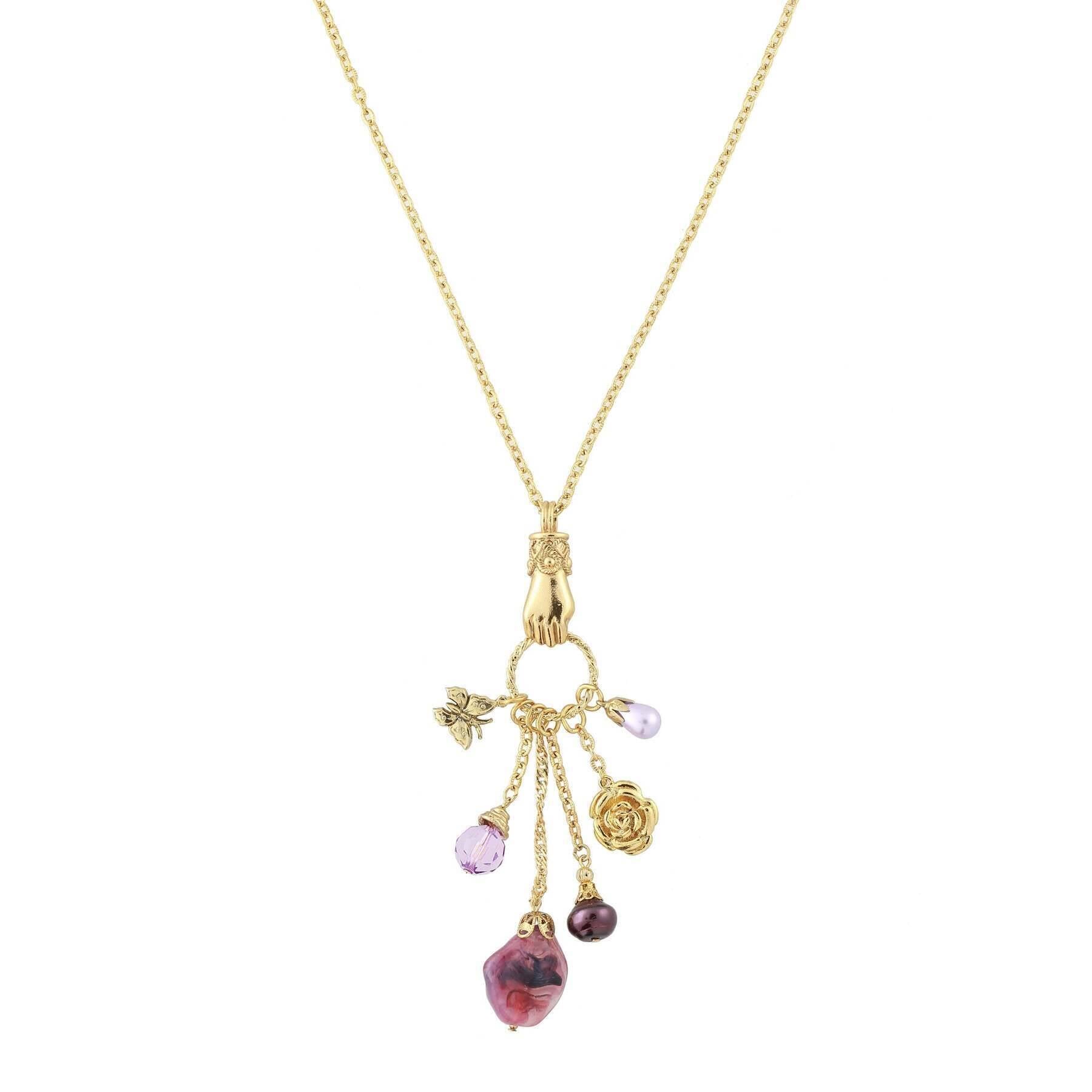 1928 Jewelry Amethyst Color Multi-Charm Hand Pendant Necklace - 30