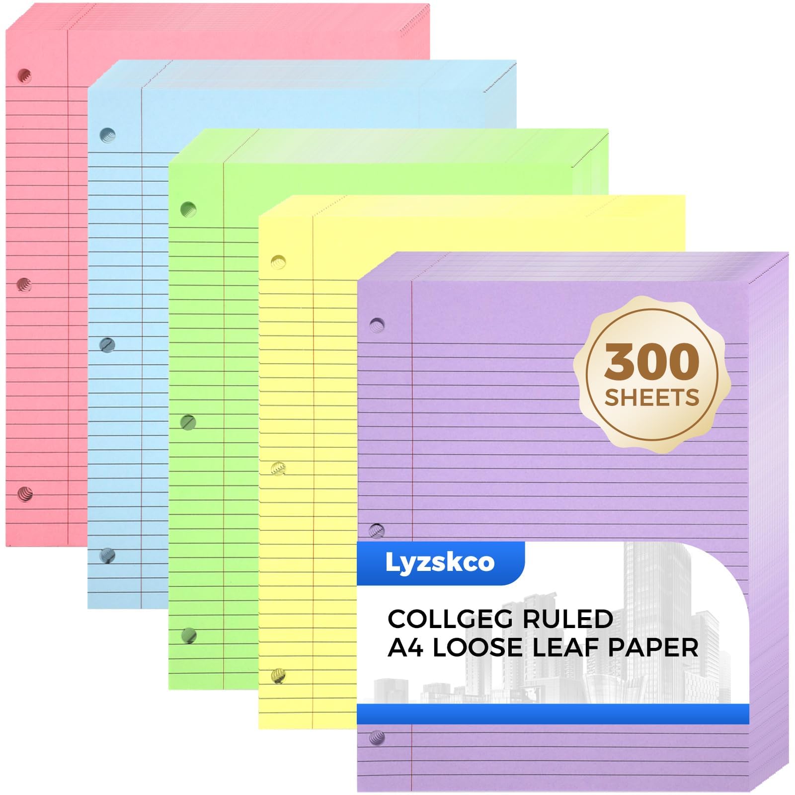 300 Sheets Colorful College Ruled Loose Leaf Paper - 3-Hole Punched 8