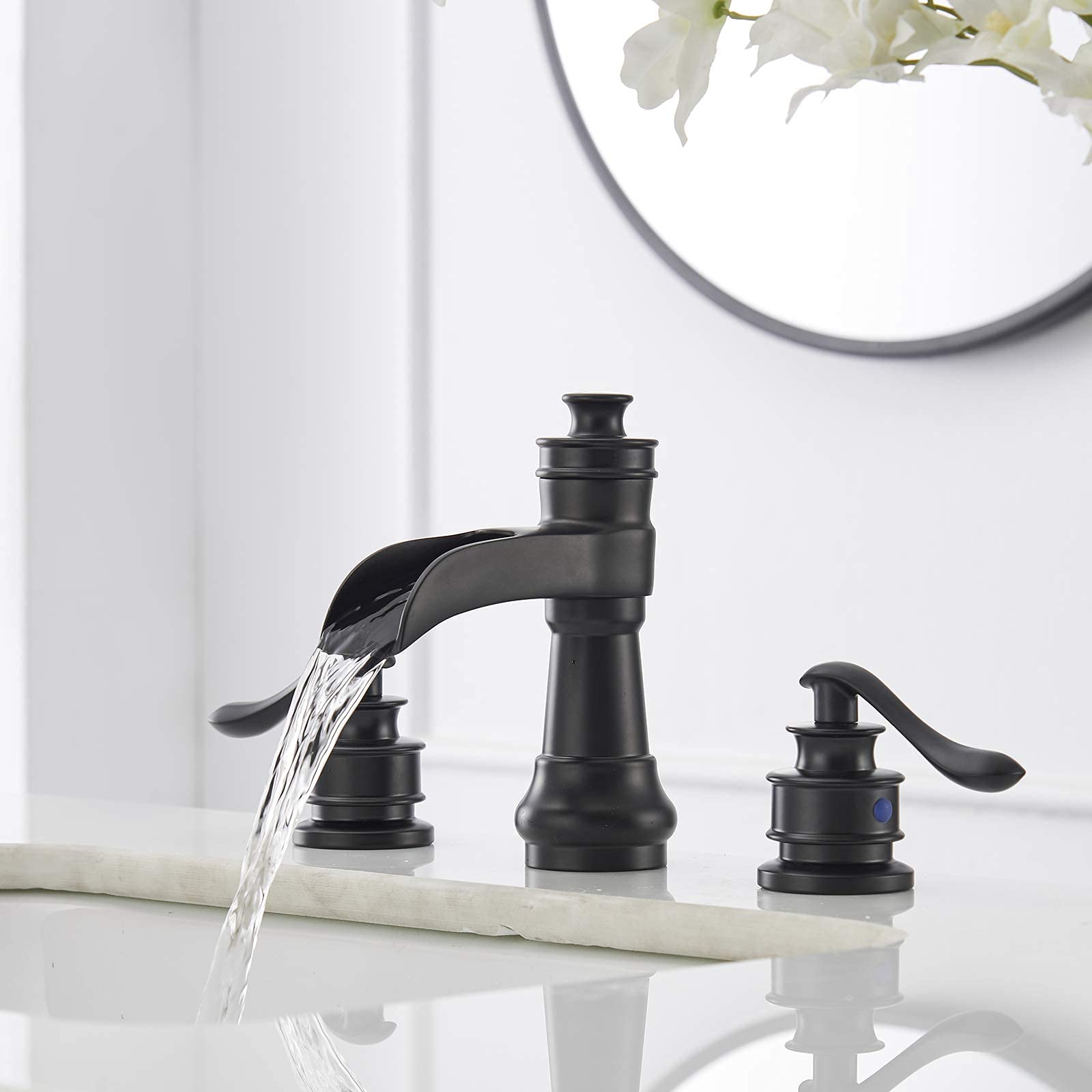 Black Bathroom Sink Faucet Waterfall Single Hole & Kitchen Faucet with Pull Down Sprayer - 3 Mode Outlet for Modern Home Renovation | Perfect for Bathroom Vanity, Kitchen Sink, and Commercial Use